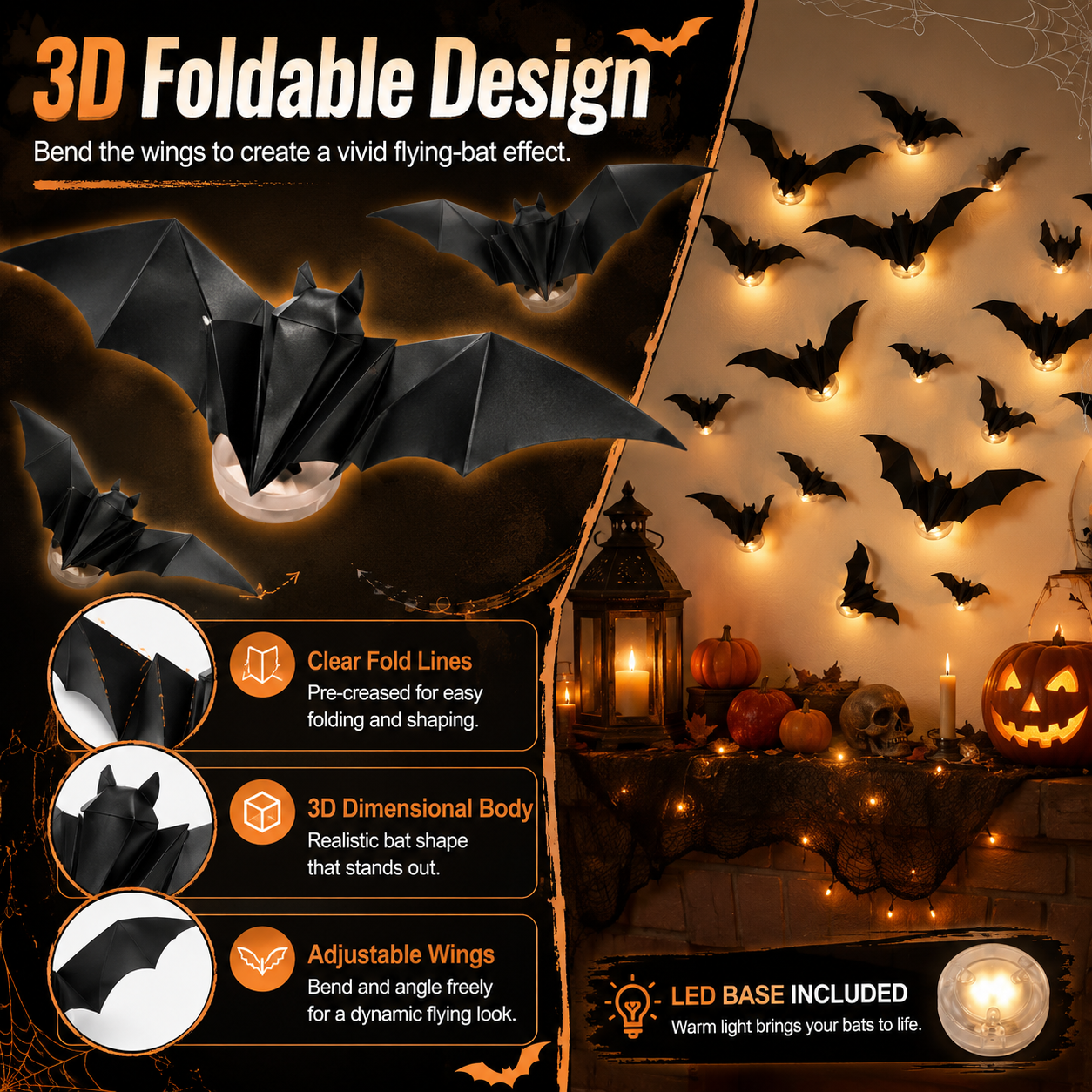 Festive 3D Halloween Bat Decor Set – 36 Pieces