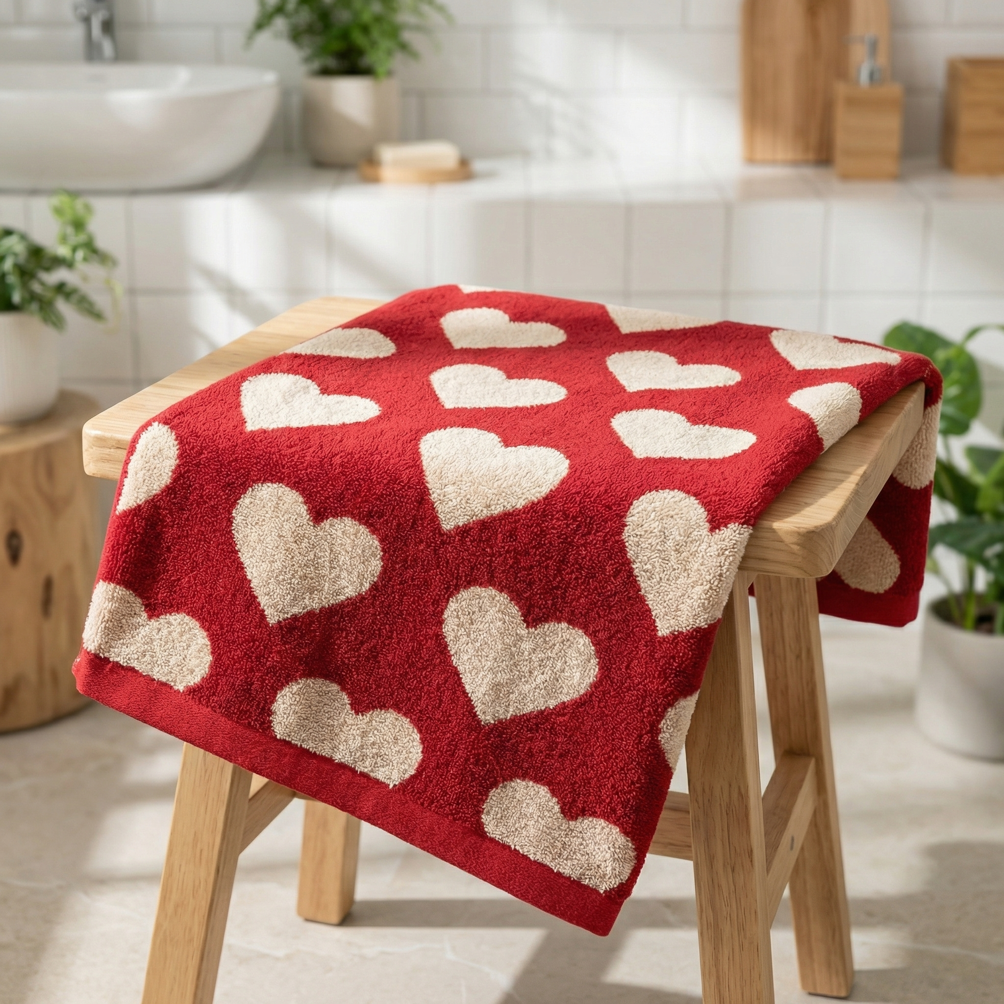 "Heart Patterned Soft Red Cotton Towels – Perfect for Home & Bathroom Décor"