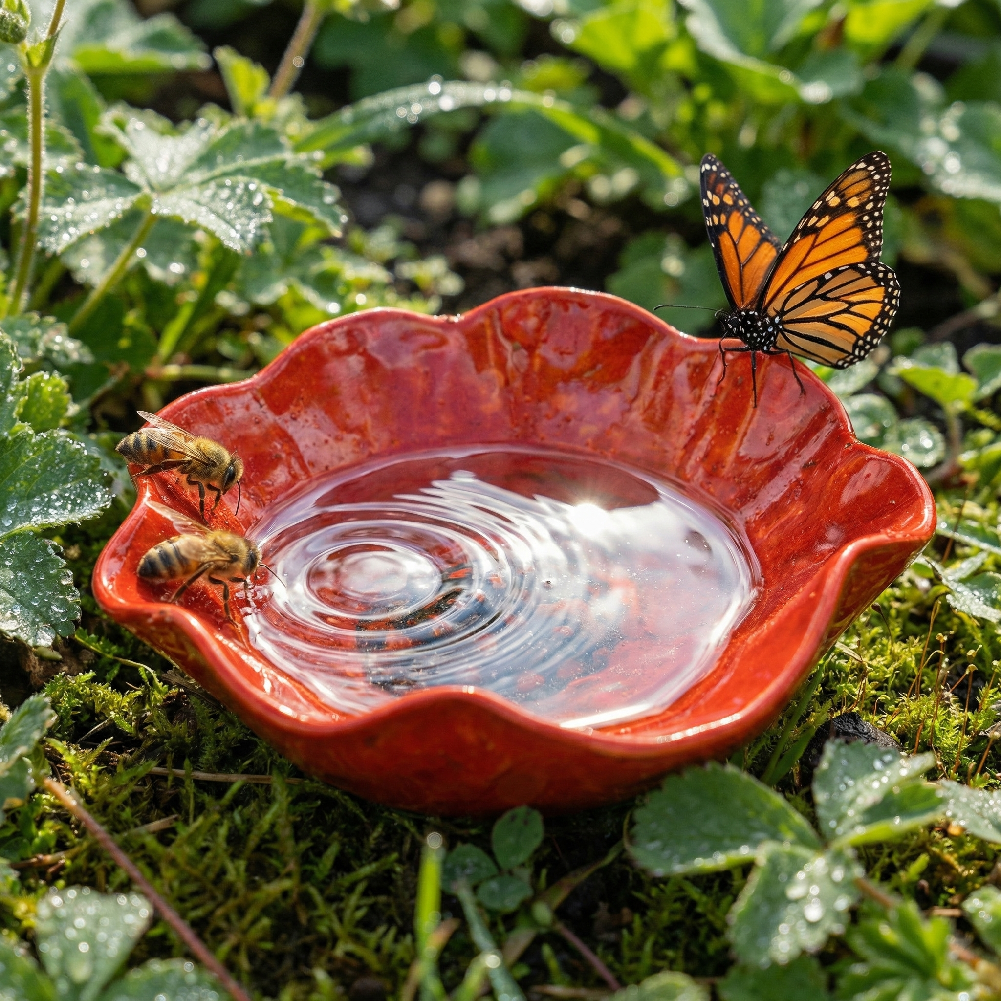 "Mini Red Flower Bird Bath – A Charming Water Stop for Backyard Birds"
