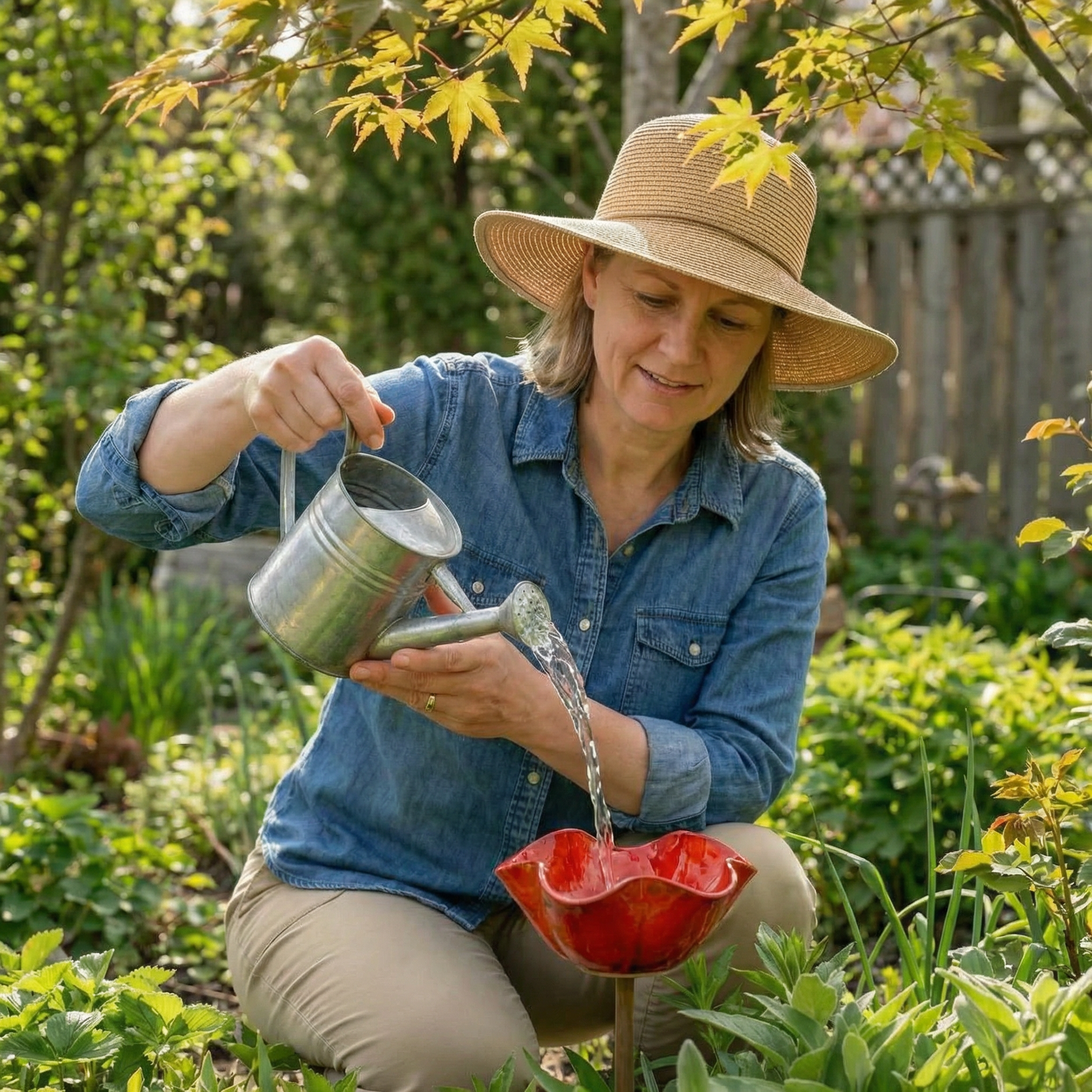 "Mini Red Flower Bird Bath – A Charming Water Stop for Backyard Birds"