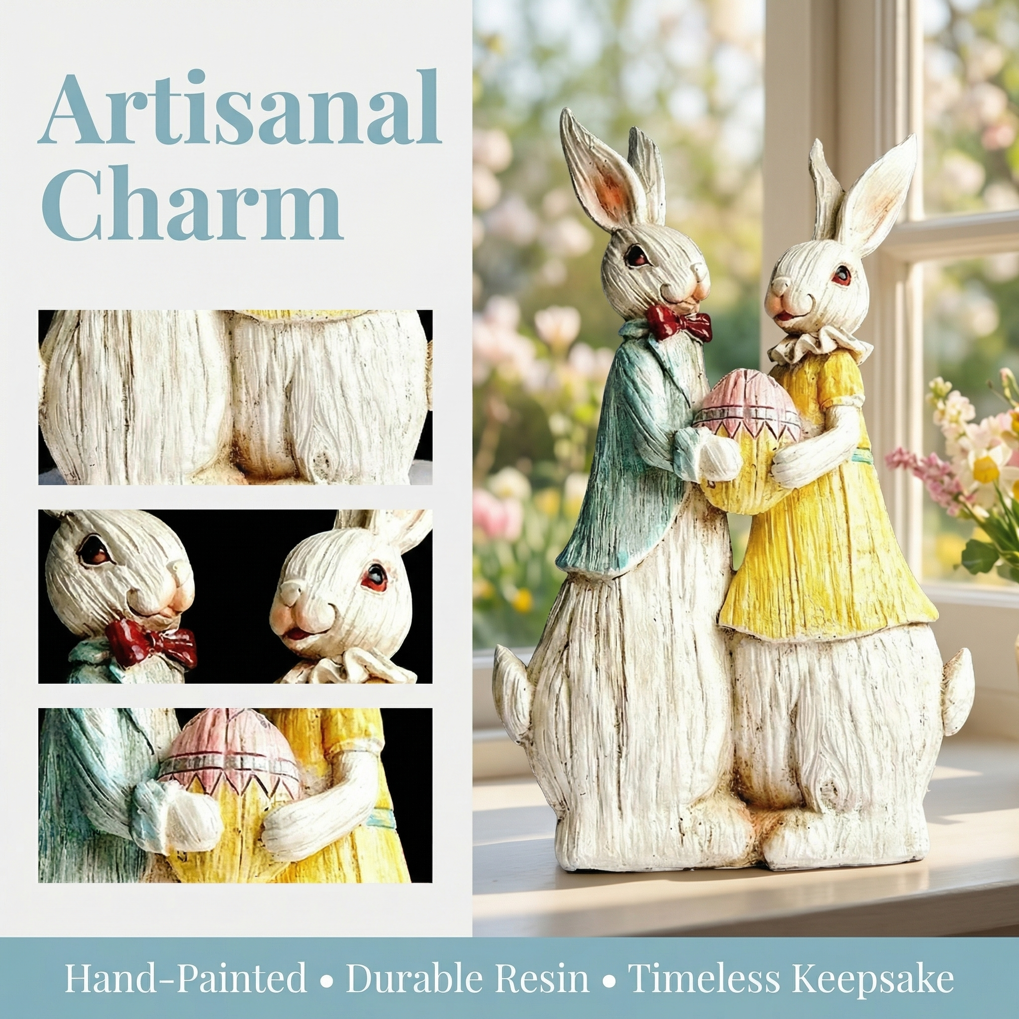 "Vintage Rabbit Couple Holding Easter Egg Sculpture"