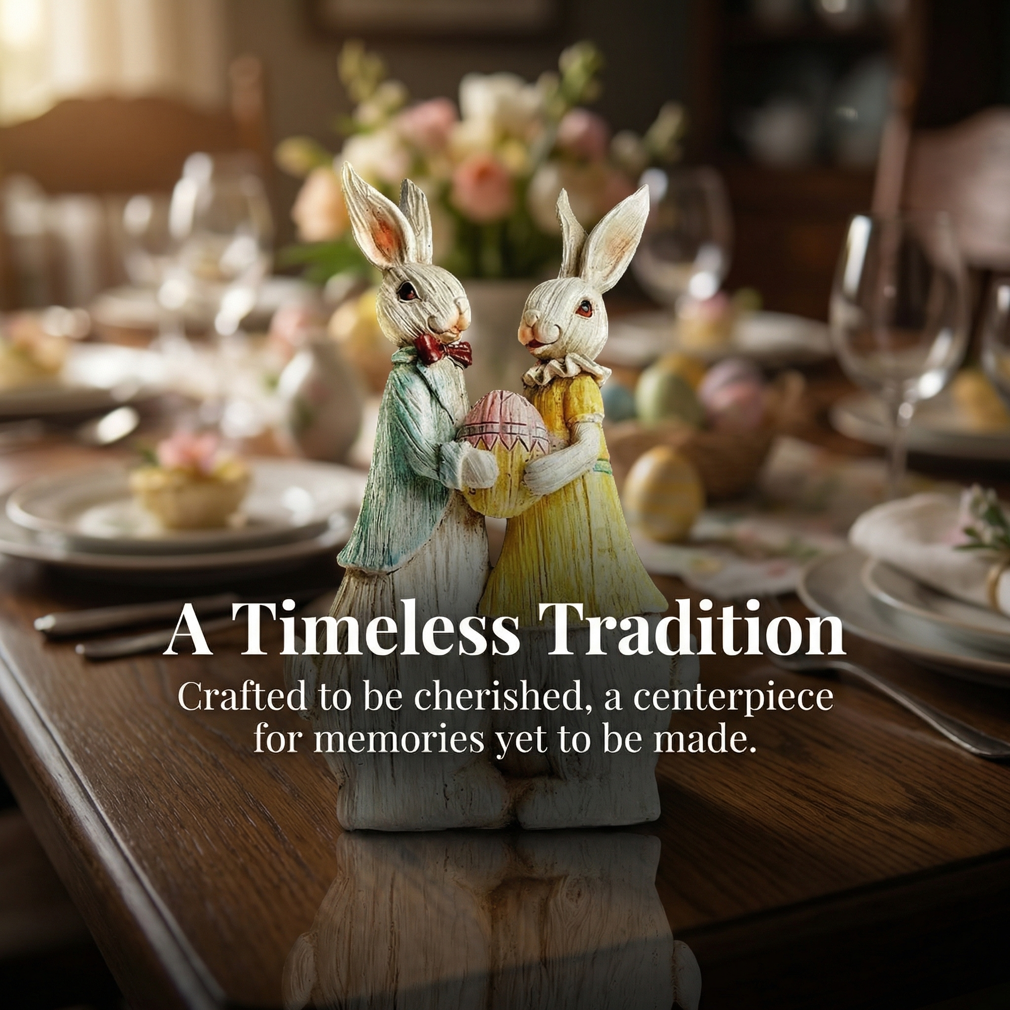 "Vintage Rabbit Couple Holding Easter Egg Sculpture"