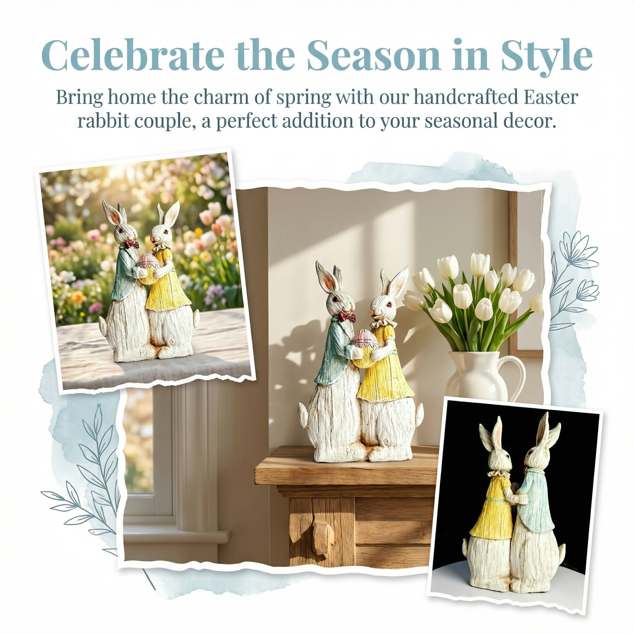 "Vintage Rabbit Couple Holding Easter Egg Sculpture"