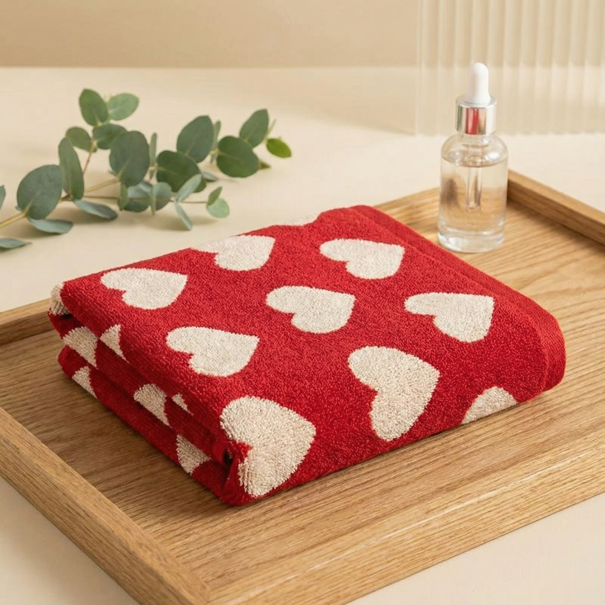 "Heart Patterned Soft Red Cotton Towels – Perfect for Home & Bathroom Décor"