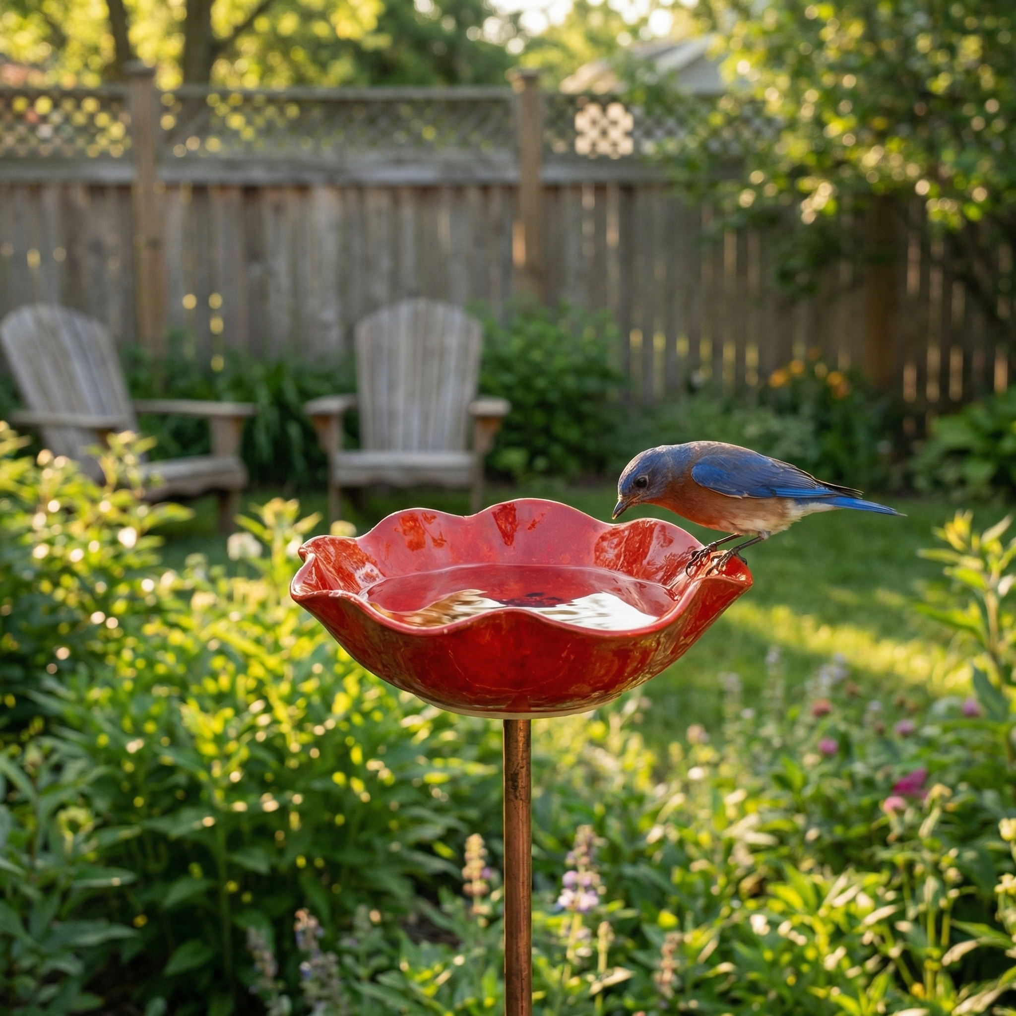 "Mini Red Flower Bird Bath – A Charming Water Stop for Backyard Birds"