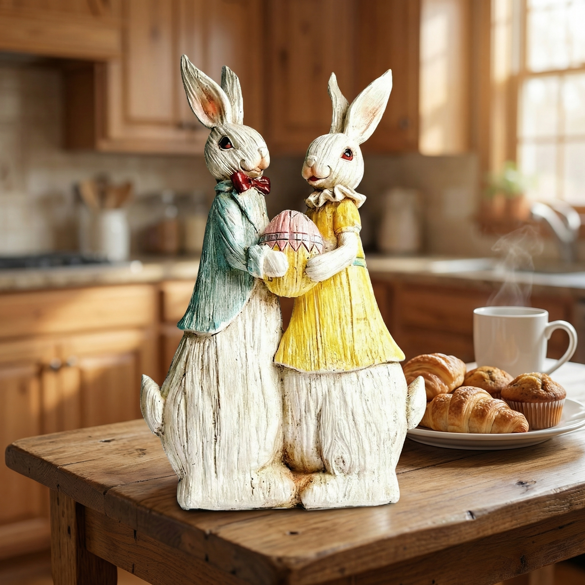 "Vintage Rabbit Couple Holding Easter Egg Sculpture"