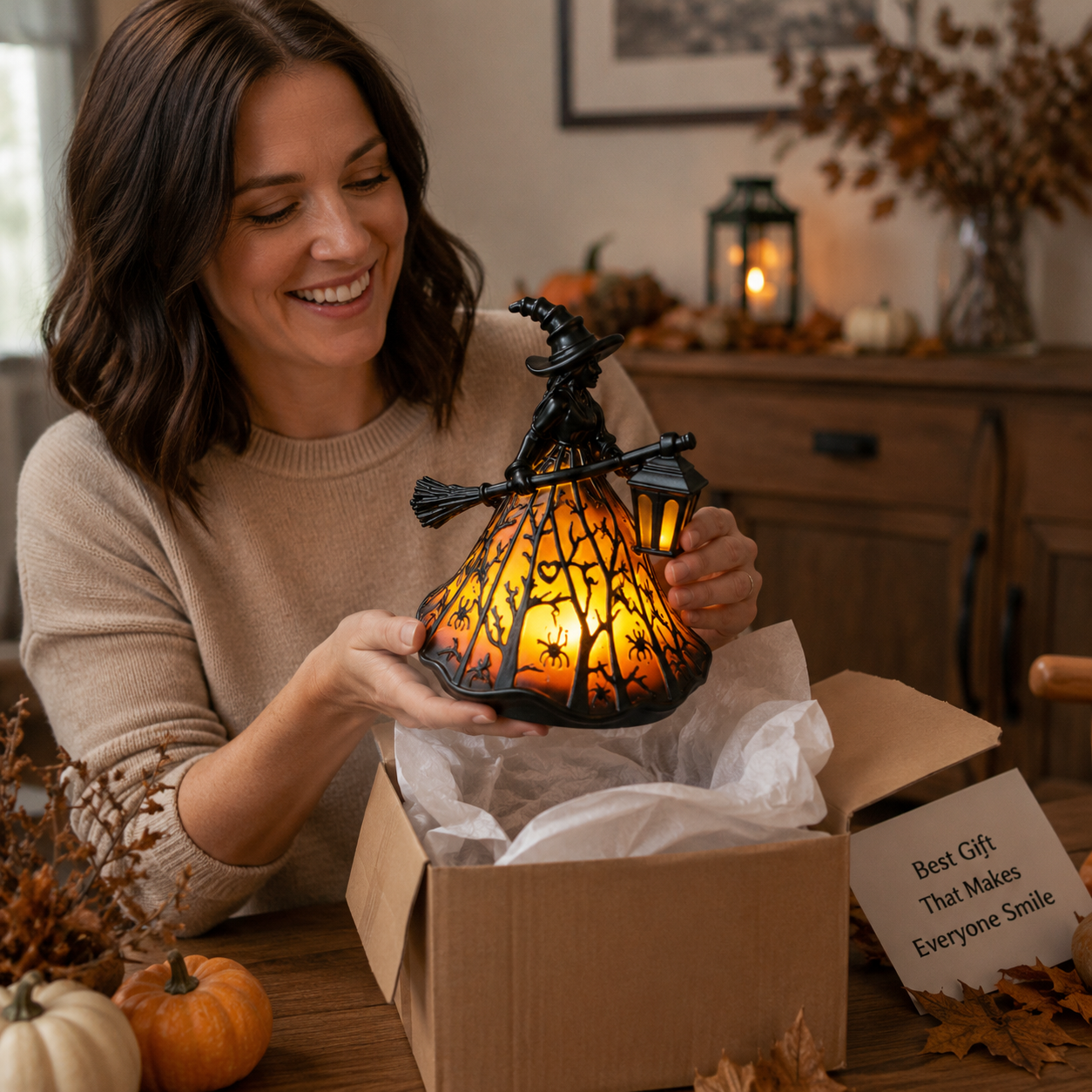 Enchanted Witch Broom Lantern Figurine Light