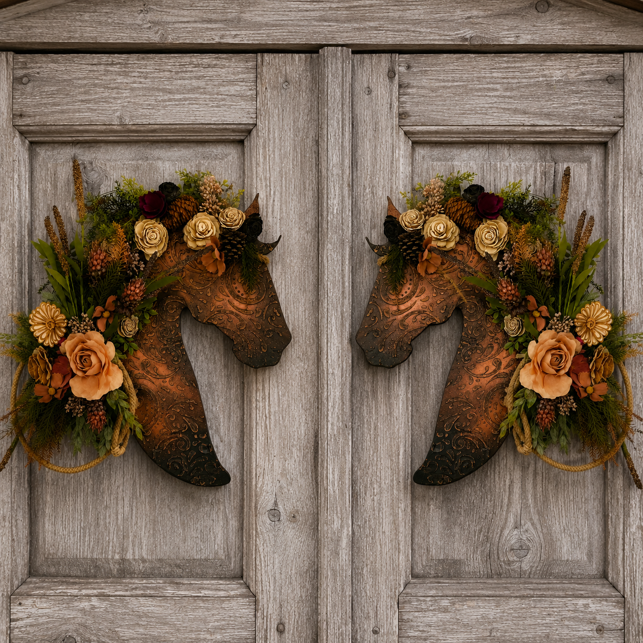 Rustic Leather-Look Horse Head Floral Door Wreath & Wall Art
