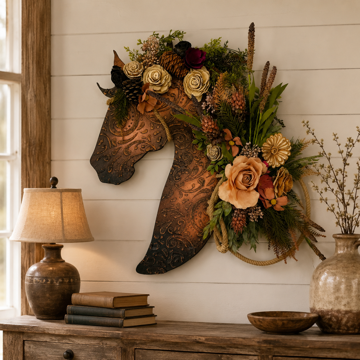 Rustic Leather-Look Horse Head Floral Door Wreath & Wall Art