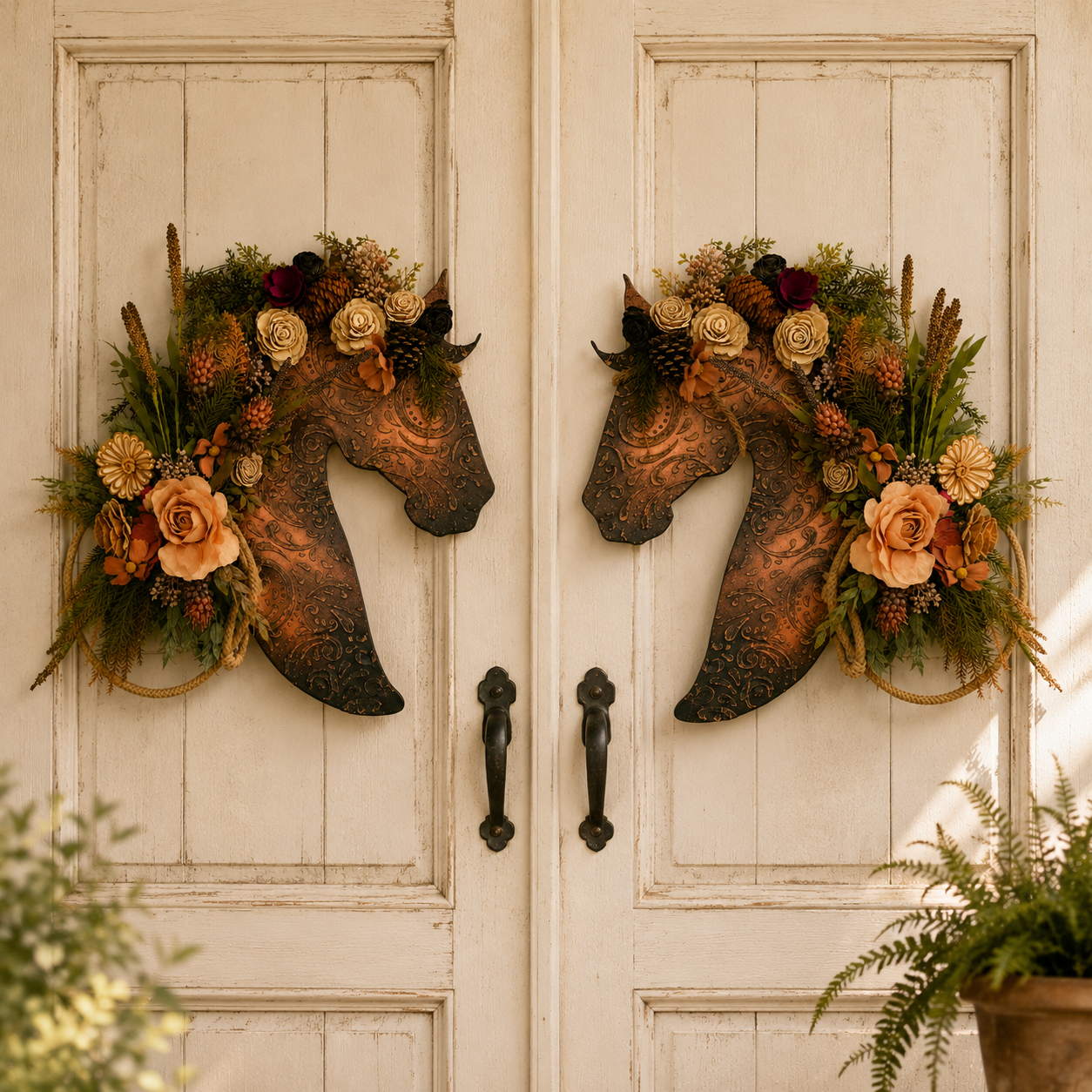 Rustic Leather-Look Horse Head Floral Door Wreath & Wall Art