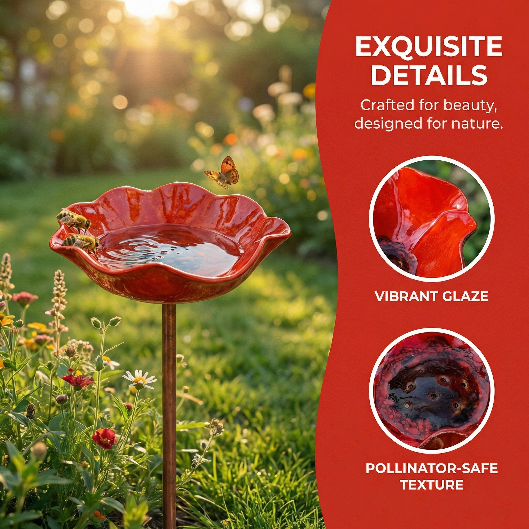"Mini Red Flower Bird Bath – A Charming Water Stop for Backyard Birds"