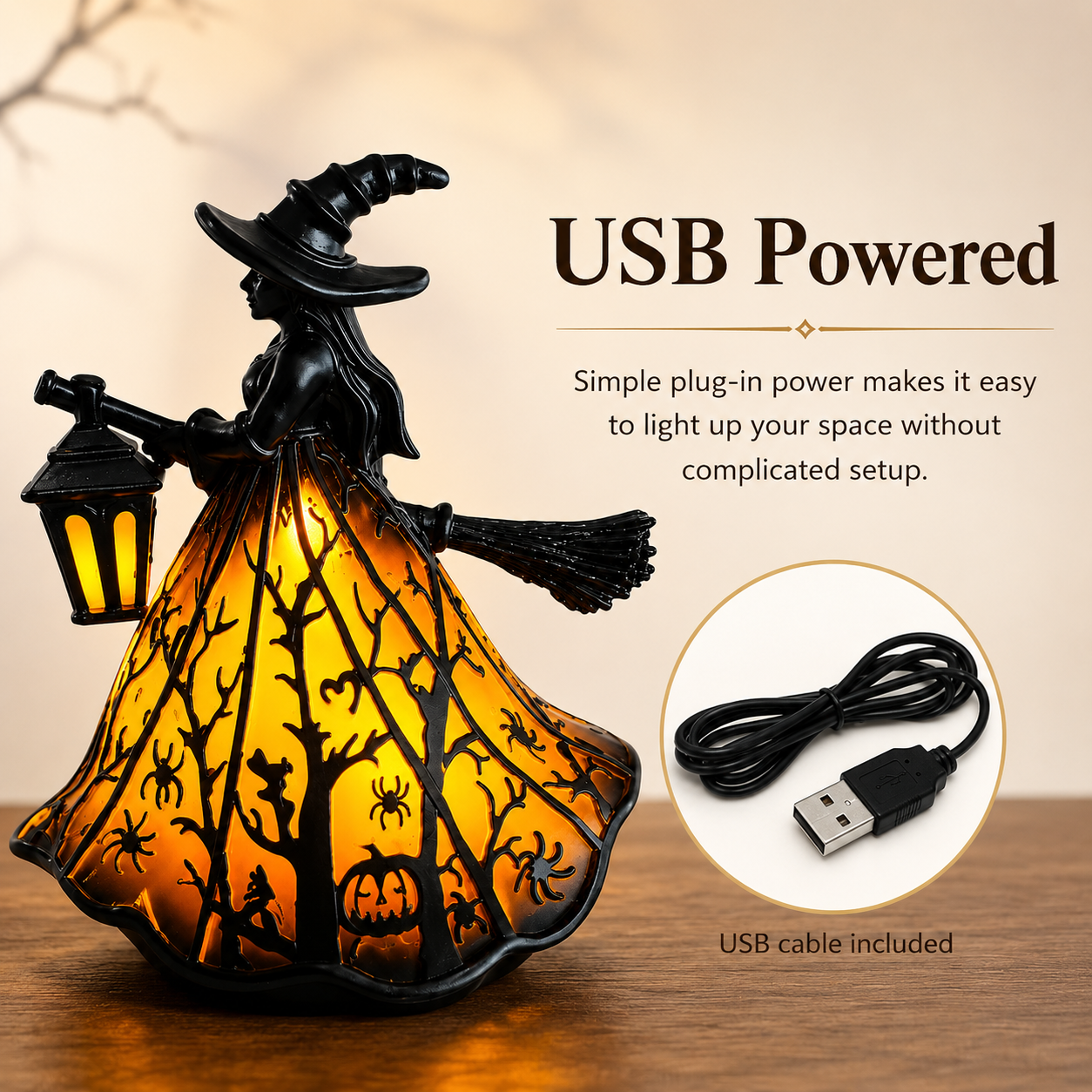 Enchanted Witch Broom Lantern Figurine Light