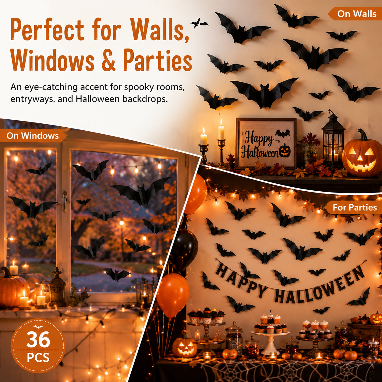 Festive 3D Halloween Bat Decor Set – 36 Pieces