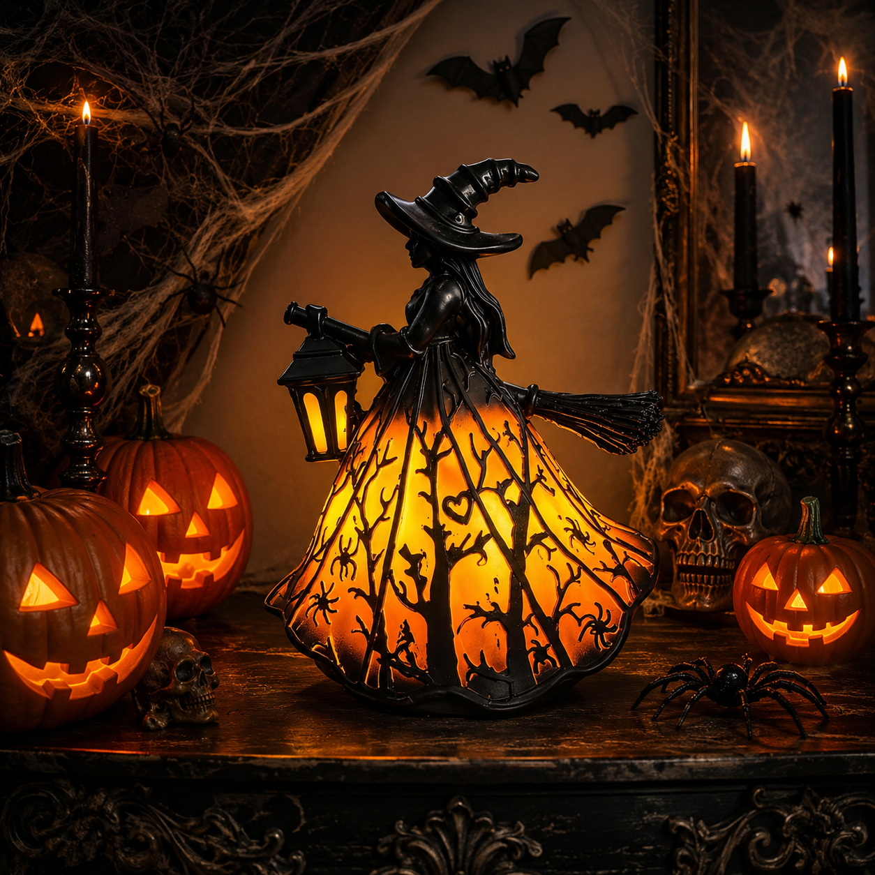 Enchanted Witch Broom Lantern Figurine Light