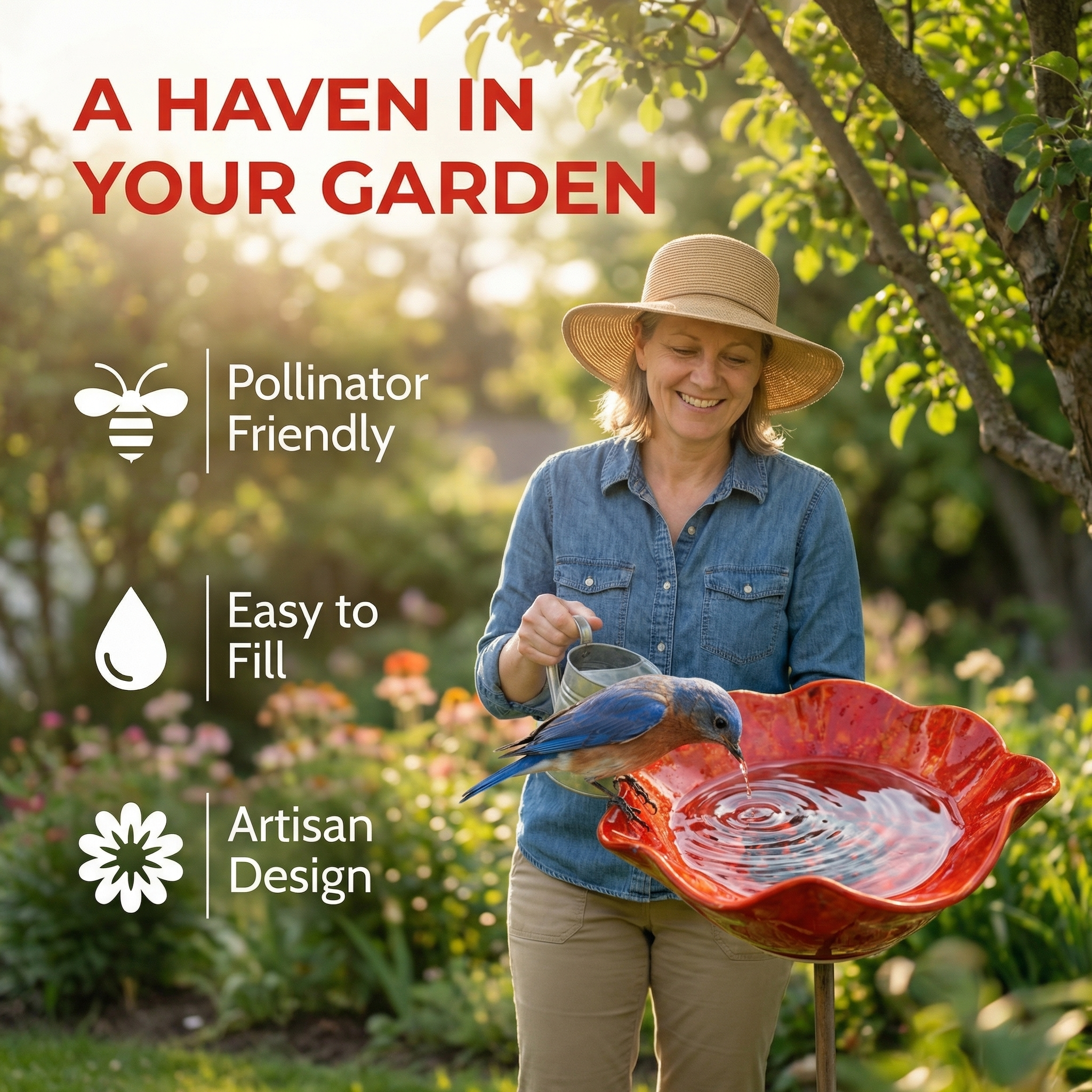 "Mini Red Flower Bird Bath – A Charming Water Stop for Backyard Birds"