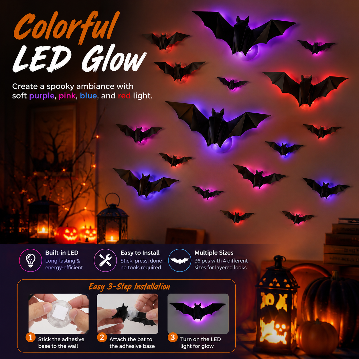 Festive 3D Halloween Bat Decor Set – 36 Pieces