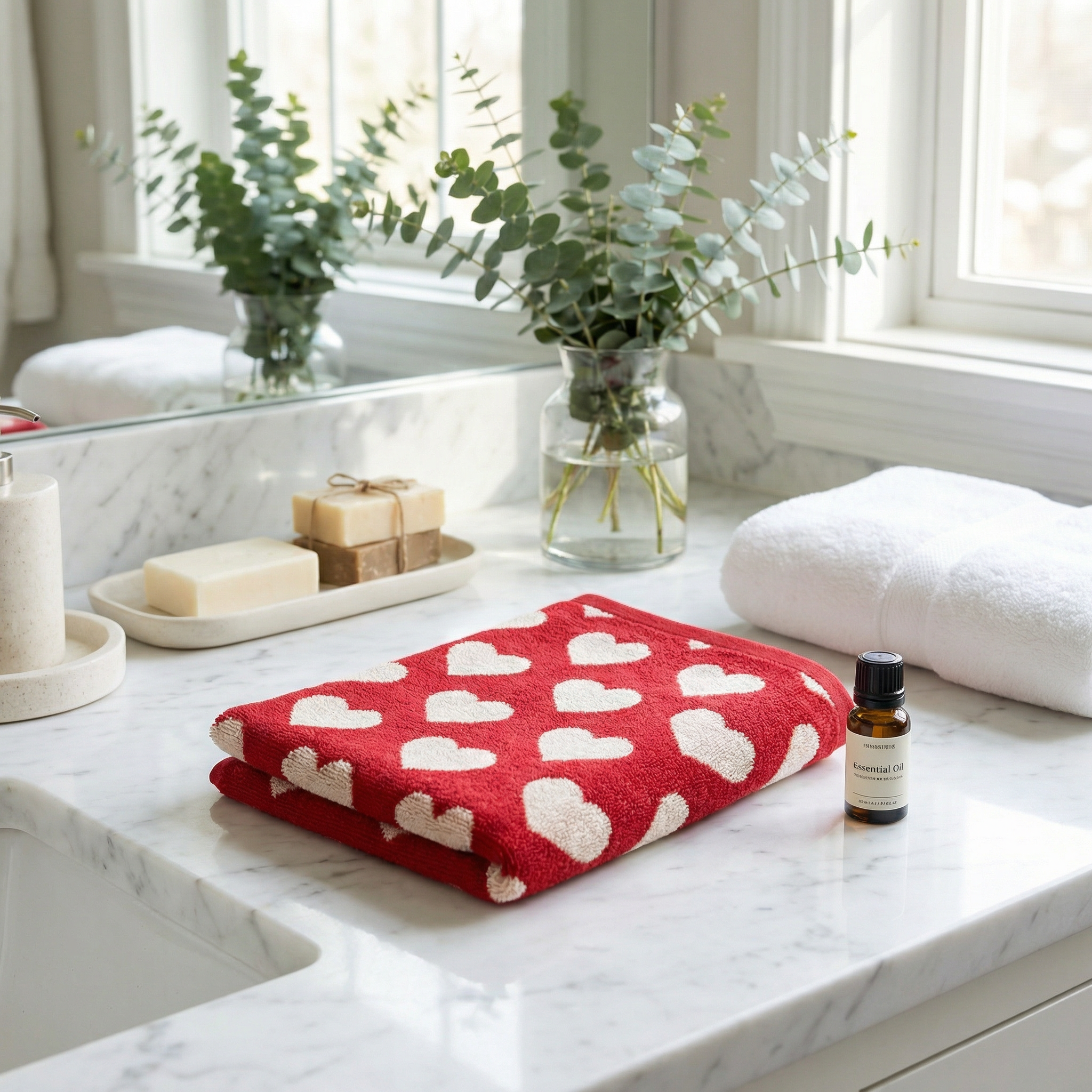 "Heart Patterned Soft Red Cotton Towels – Perfect for Home & Bathroom Décor"