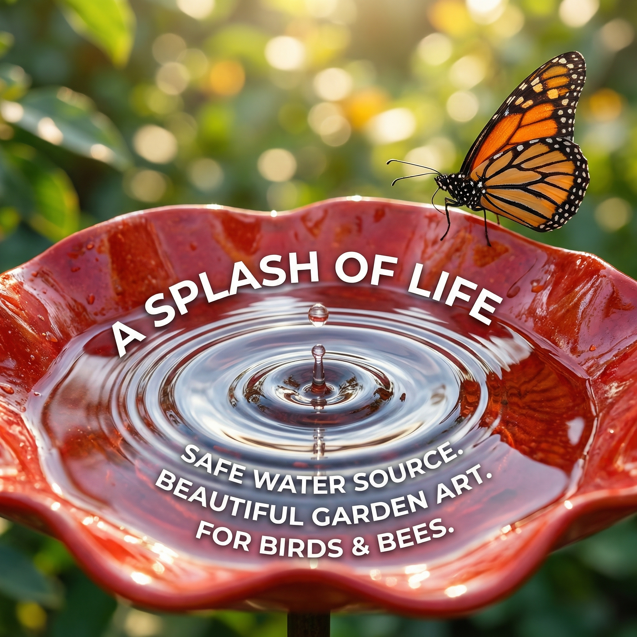 "Mini Red Flower Bird Bath – A Charming Water Stop for Backyard Birds"