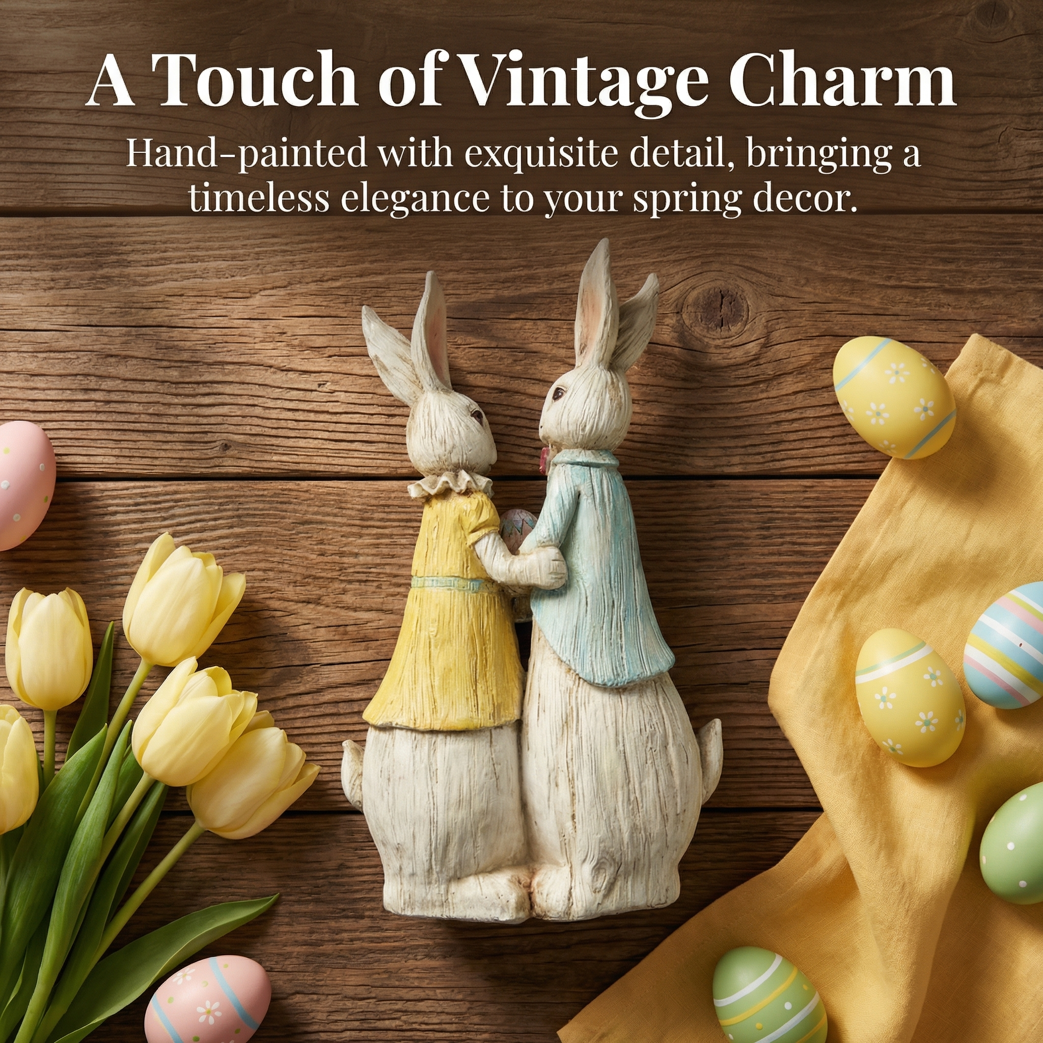 "Vintage Rabbit Couple Holding Easter Egg Sculpture"