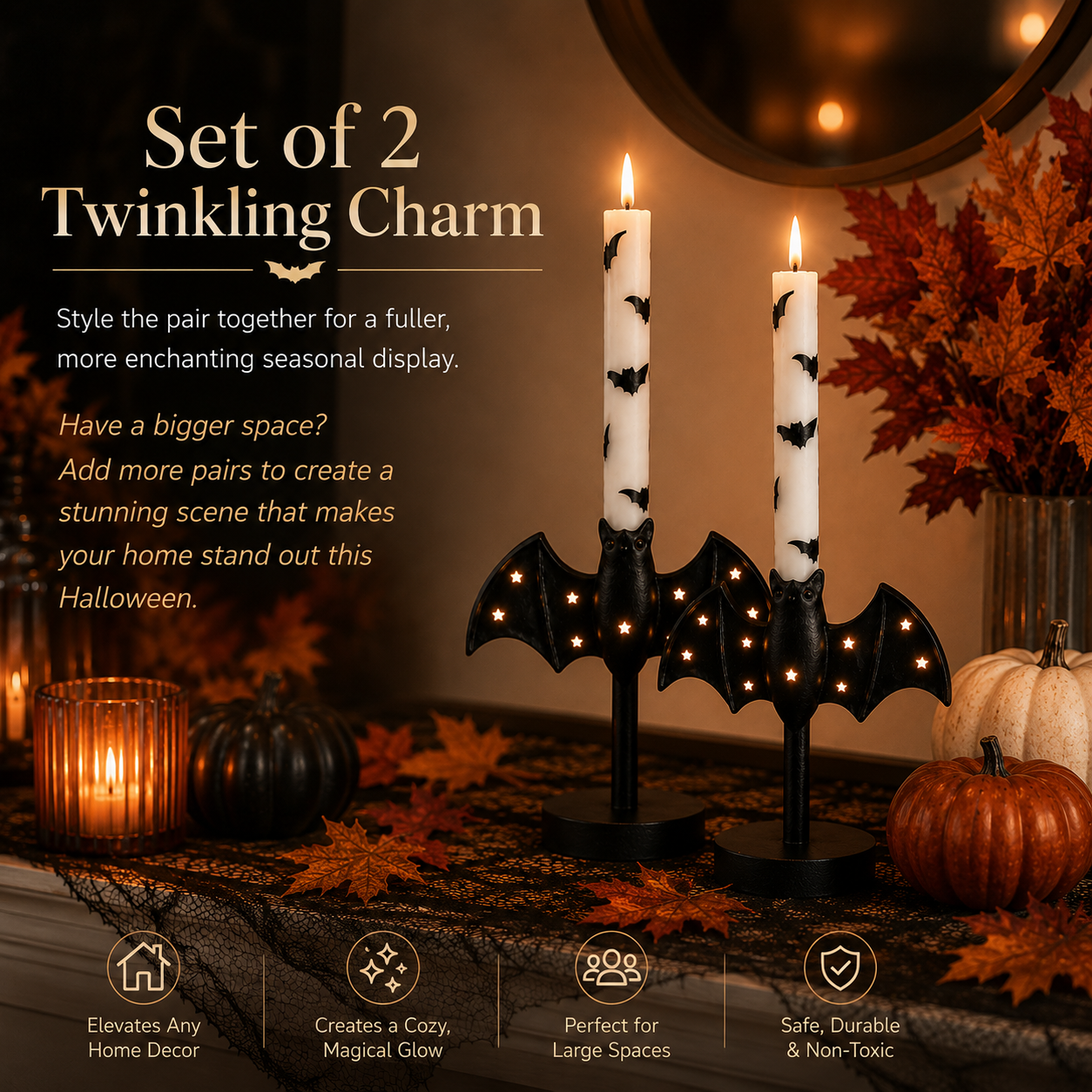Starlit Bat Candleholders — Set of 2