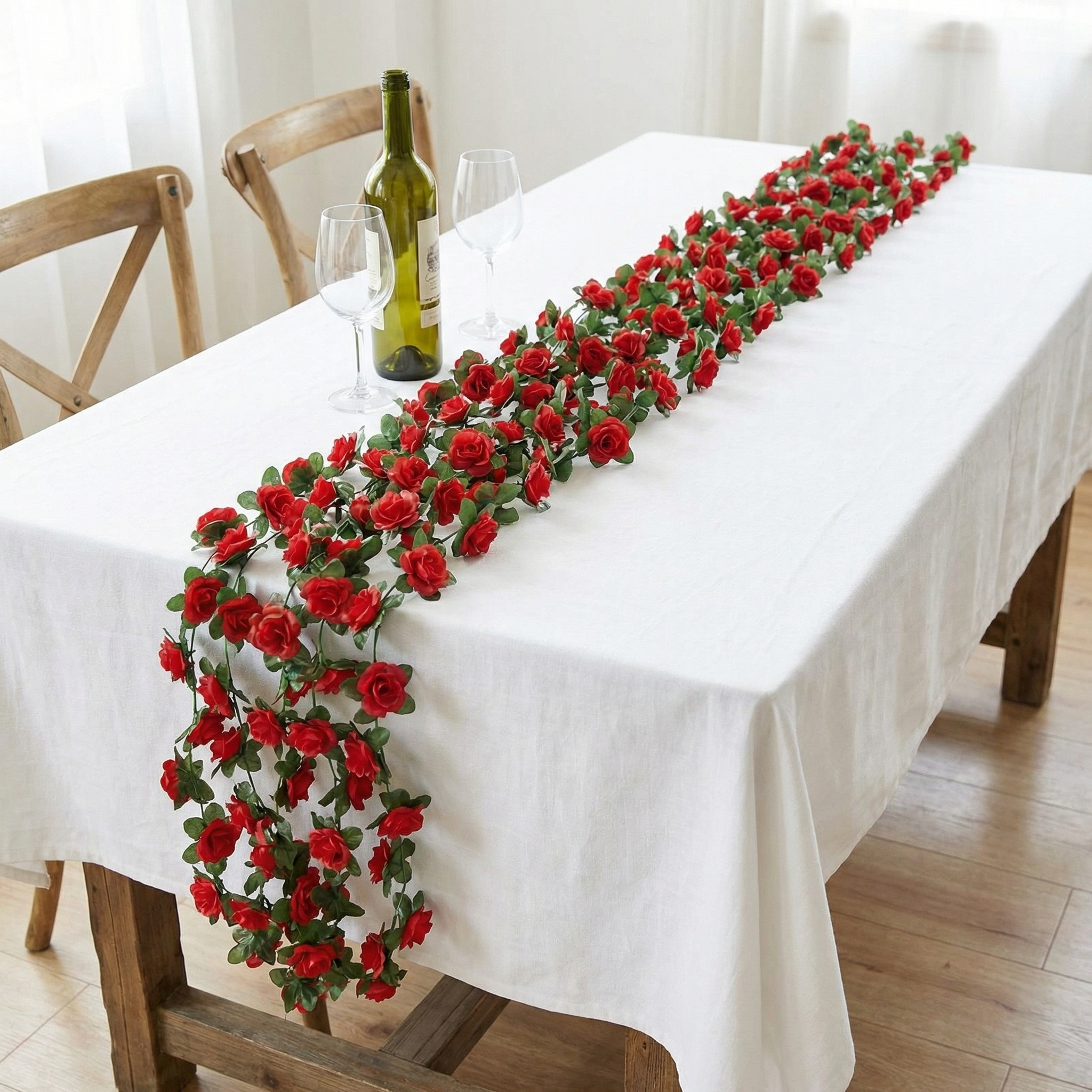 Romantic 45-Head Artificial Rose Vine Garland – Lush Hanging Floral Decor for Home & Events