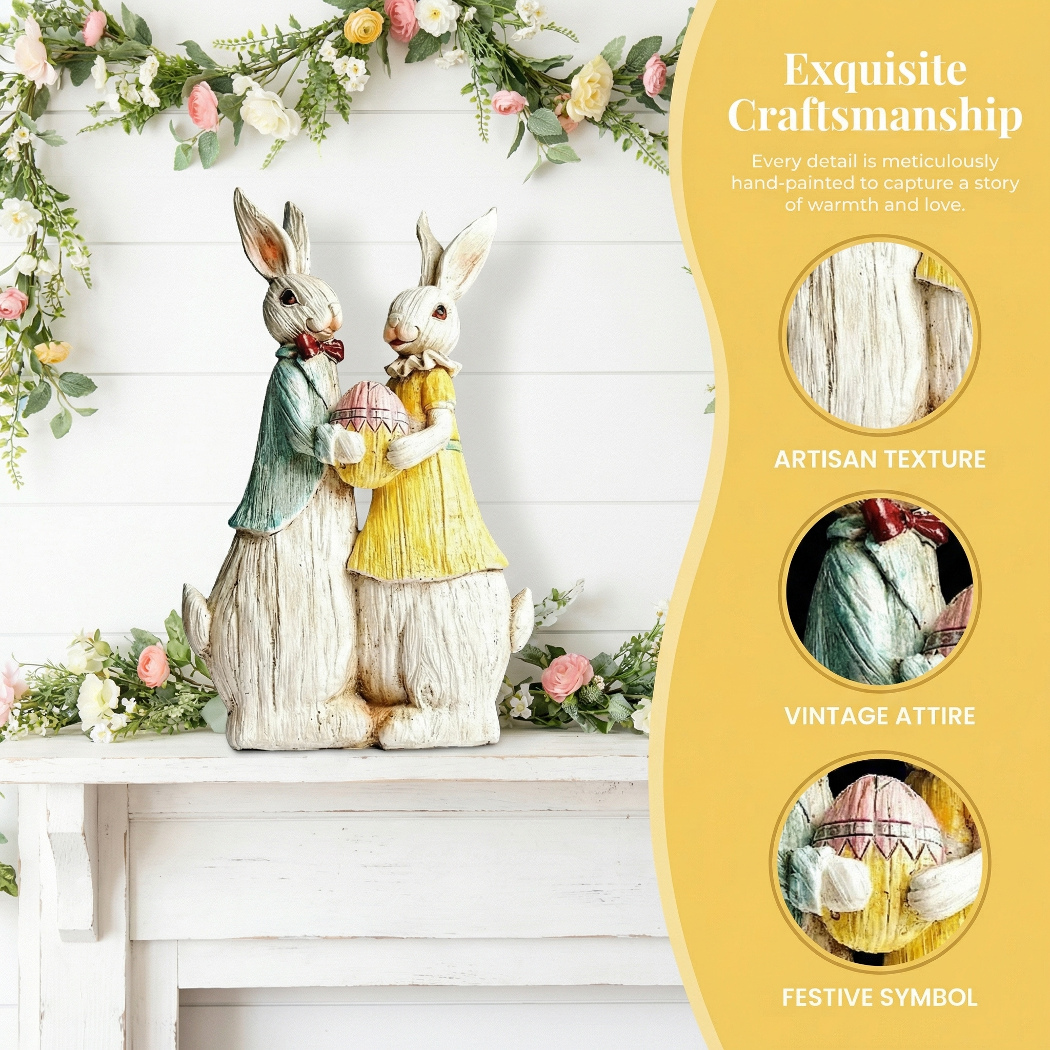 "Vintage Rabbit Couple Holding Easter Egg Sculpture"