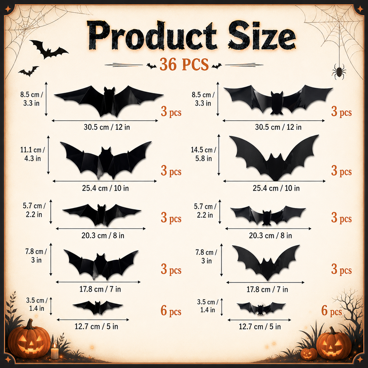 Festive 3D Halloween Bat Decor Set – 36 Pieces