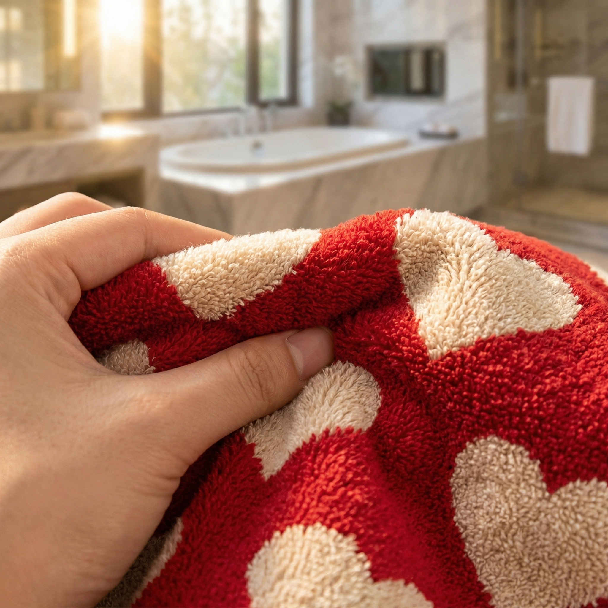 "Heart Patterned Soft Red Cotton Towels – Perfect for Home & Bathroom Décor"