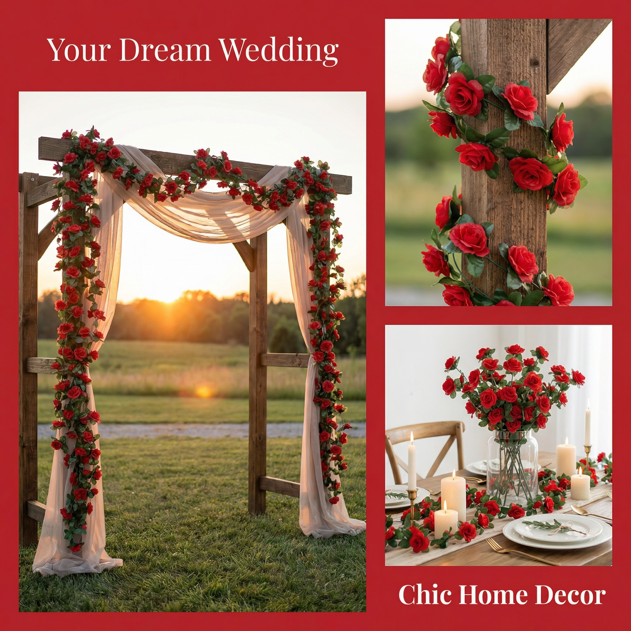 Romantic 45-Head Artificial Rose Vine Garland – Lush Hanging Floral Decor for Home & Events