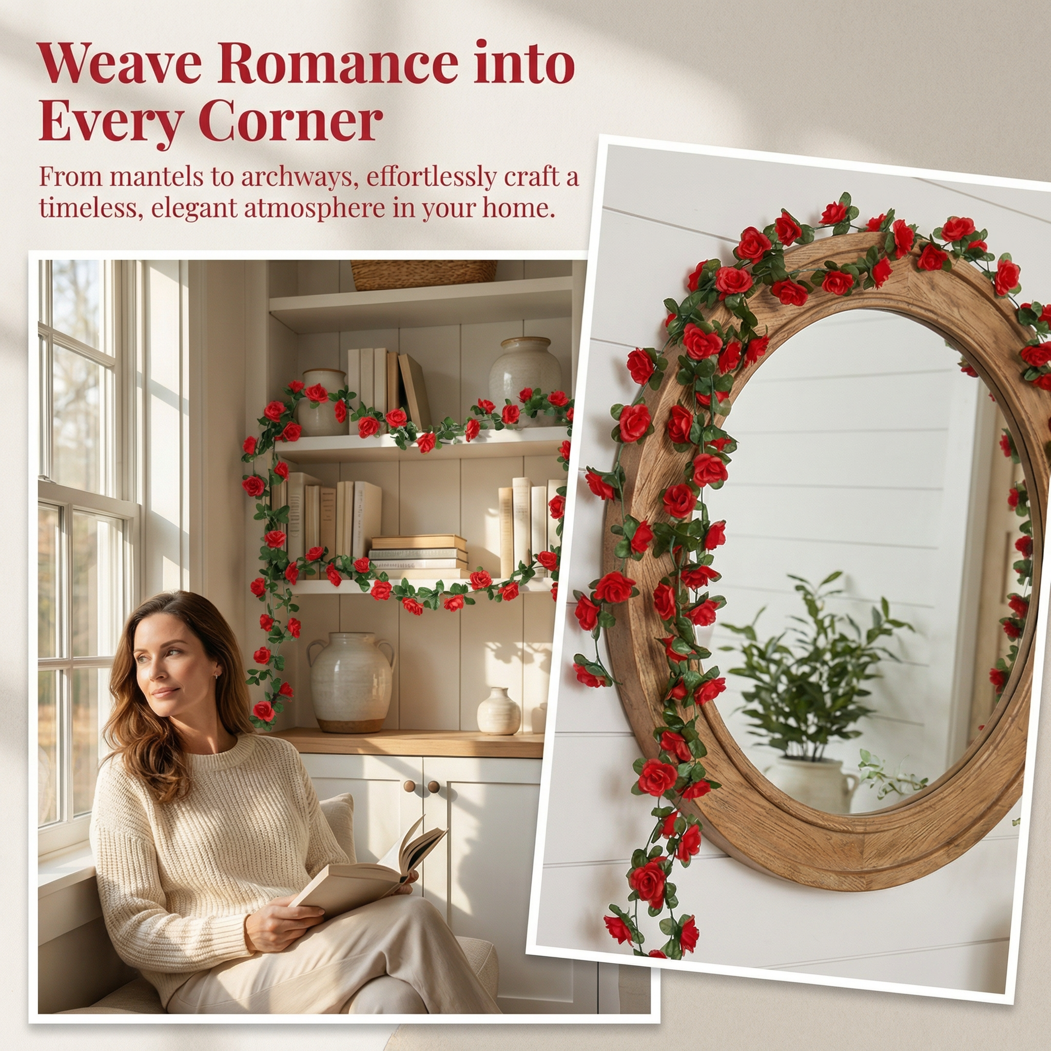 Romantic 45-Head Artificial Rose Vine Garland – Lush Hanging Floral Decor for Home & Events