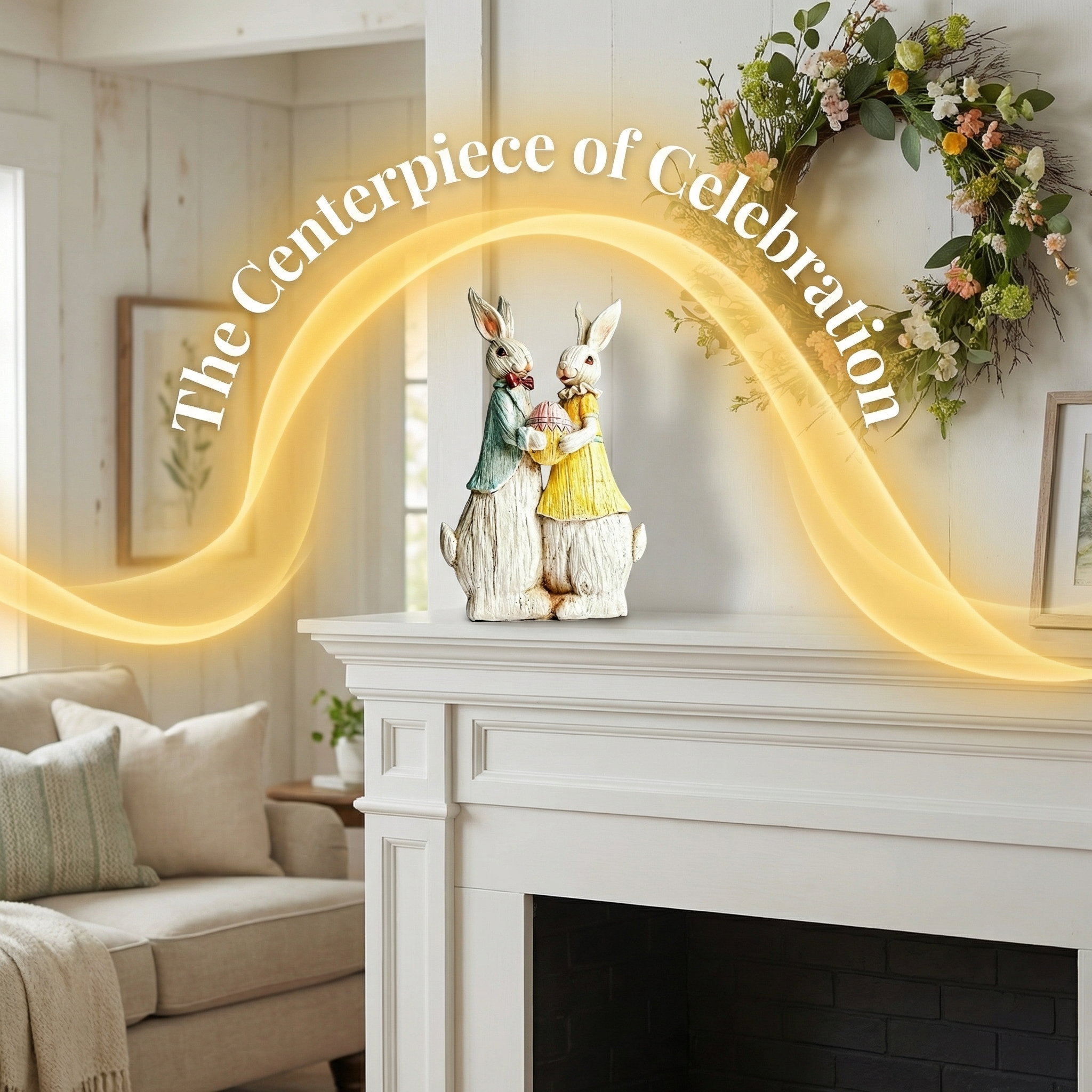 "Vintage Rabbit Couple Holding Easter Egg Sculpture"