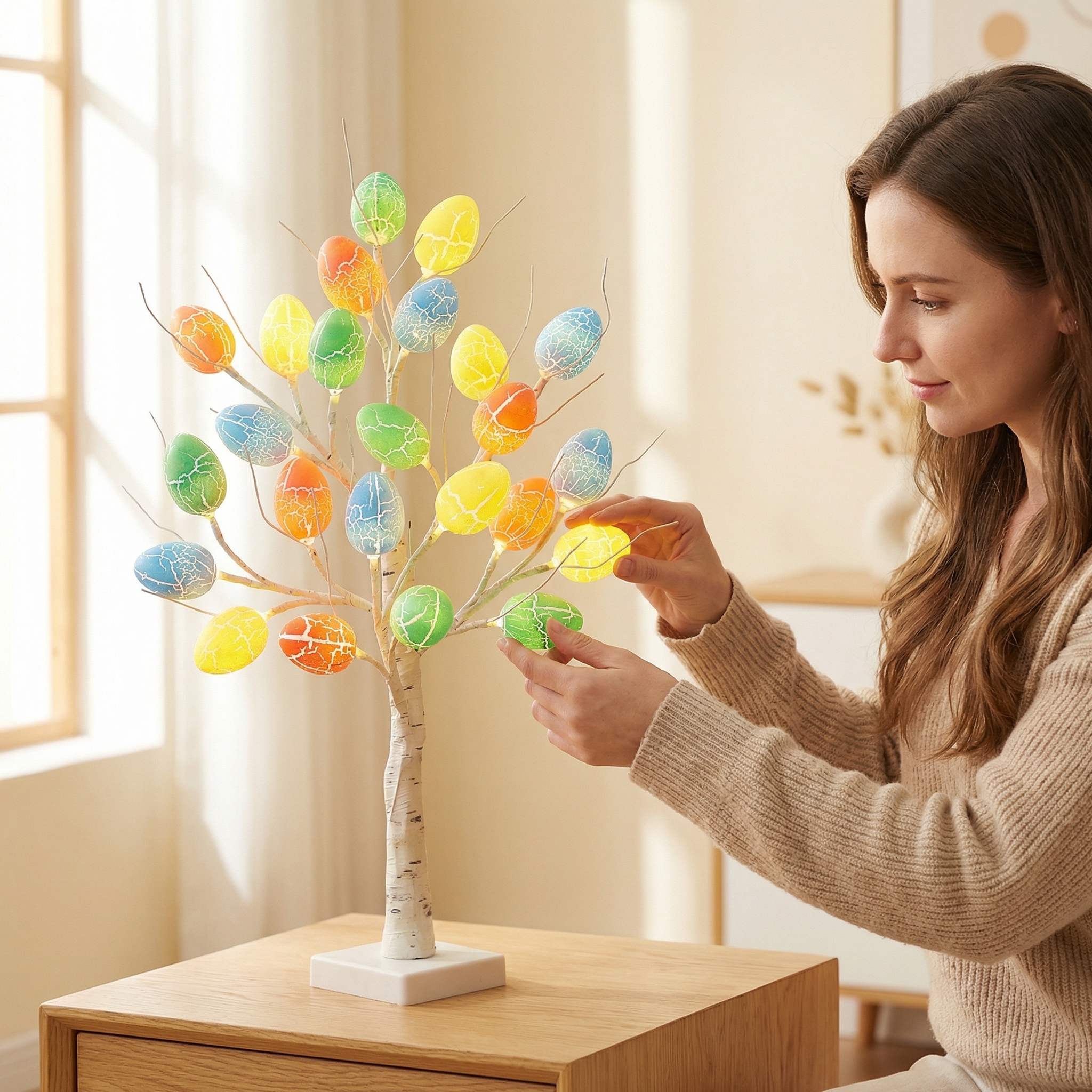 2FT Lighted Birch Egg Tree with 24 Colorful Eggs