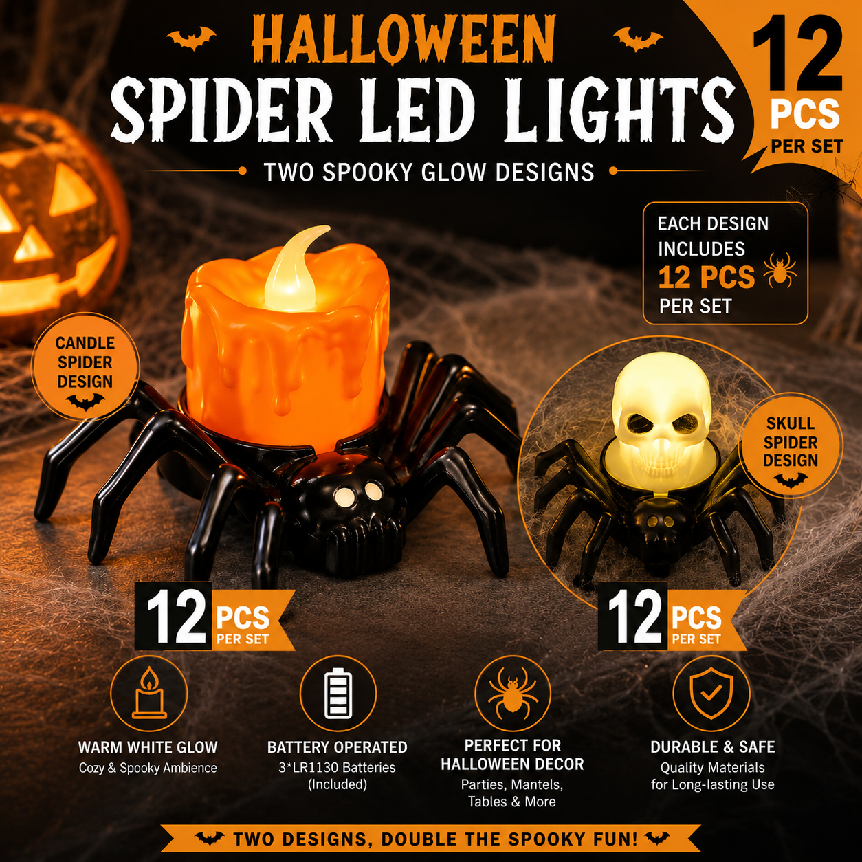 Halloween Spider Glow Lights — Set Of 12