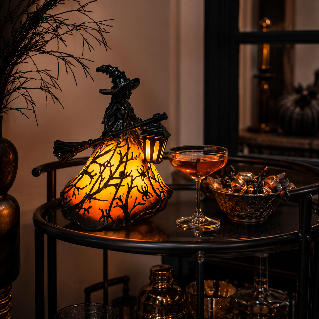 Enchanted Witch Broom Lantern Figurine Light