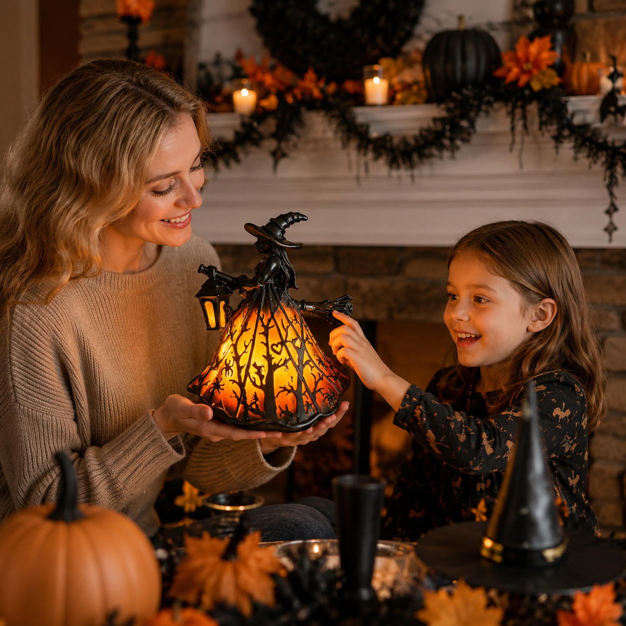 Enchanted Witch Broom Lantern Figurine Light