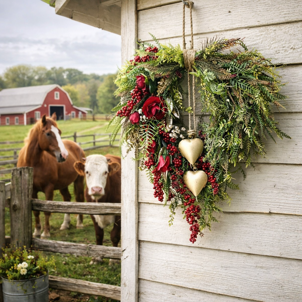 Farmhouse Valentine Heart Wreath with Gold Heart Bells, Red Roses & Berry Greenery (18" x 25")