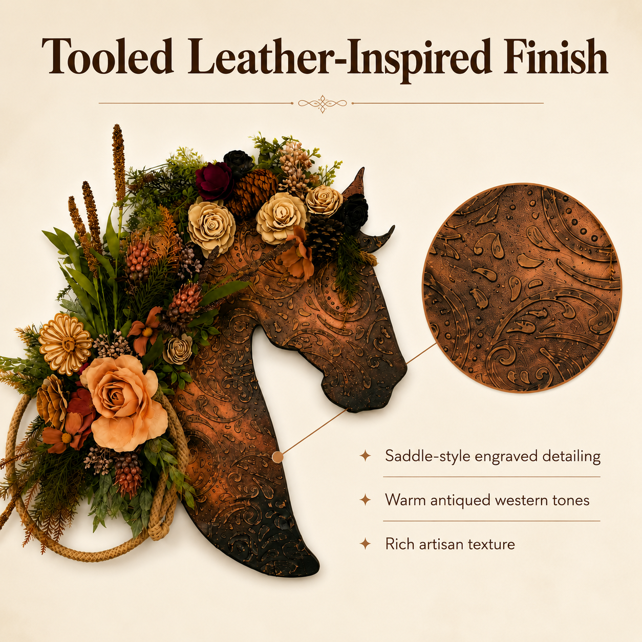Rustic Leather-Look Horse Head Floral Door Wreath & Wall Art