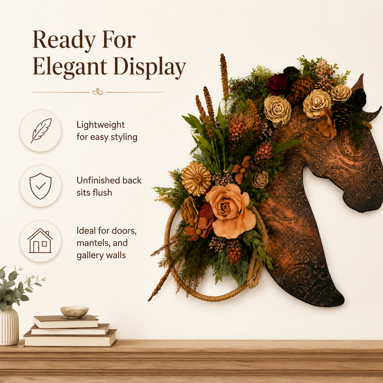 Rustic Leather-Look Horse Head Floral Door Wreath & Wall Art