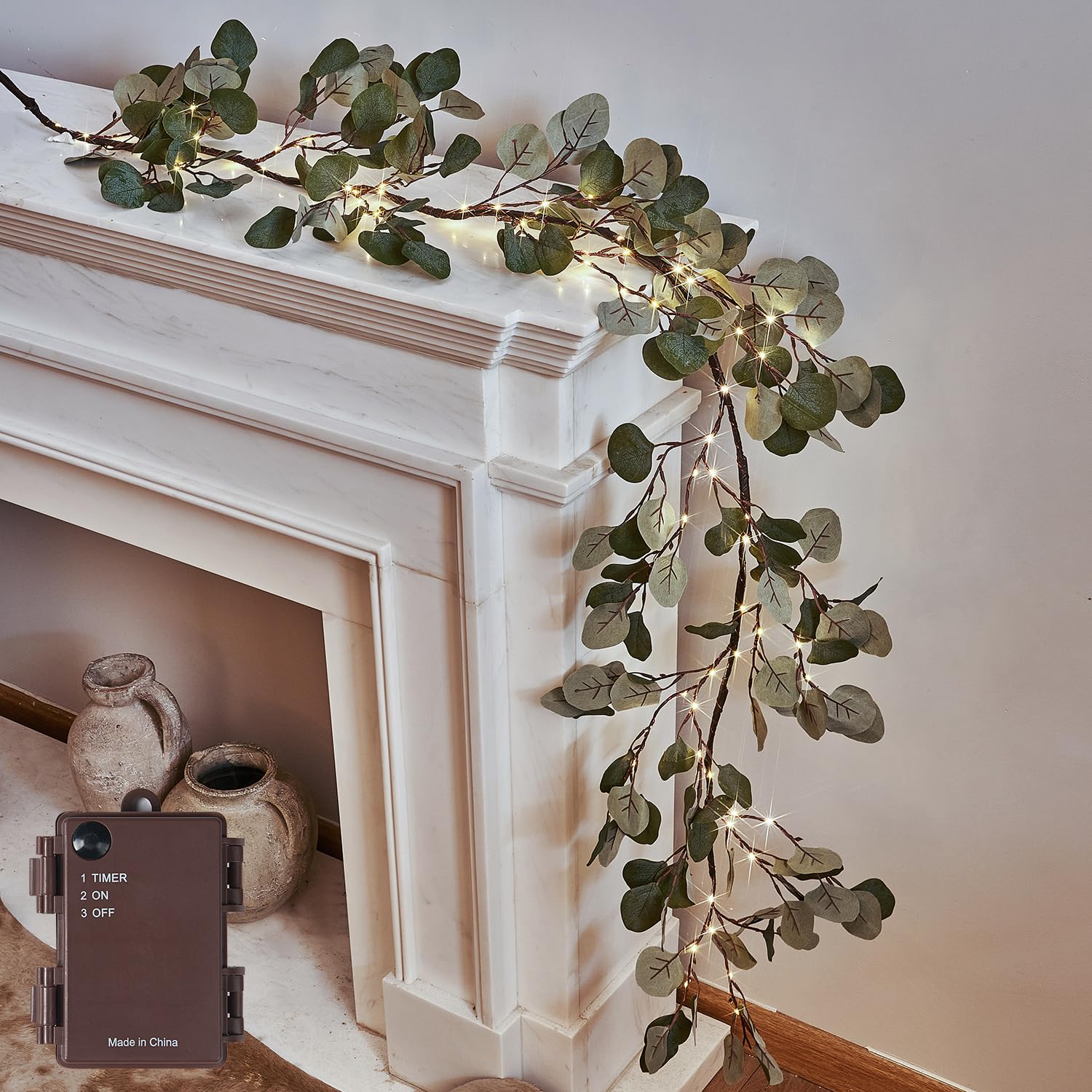 6 FT Pre-Lit Eucalyptus  Garland Battery Operated with Timer 96 Fairy Lights