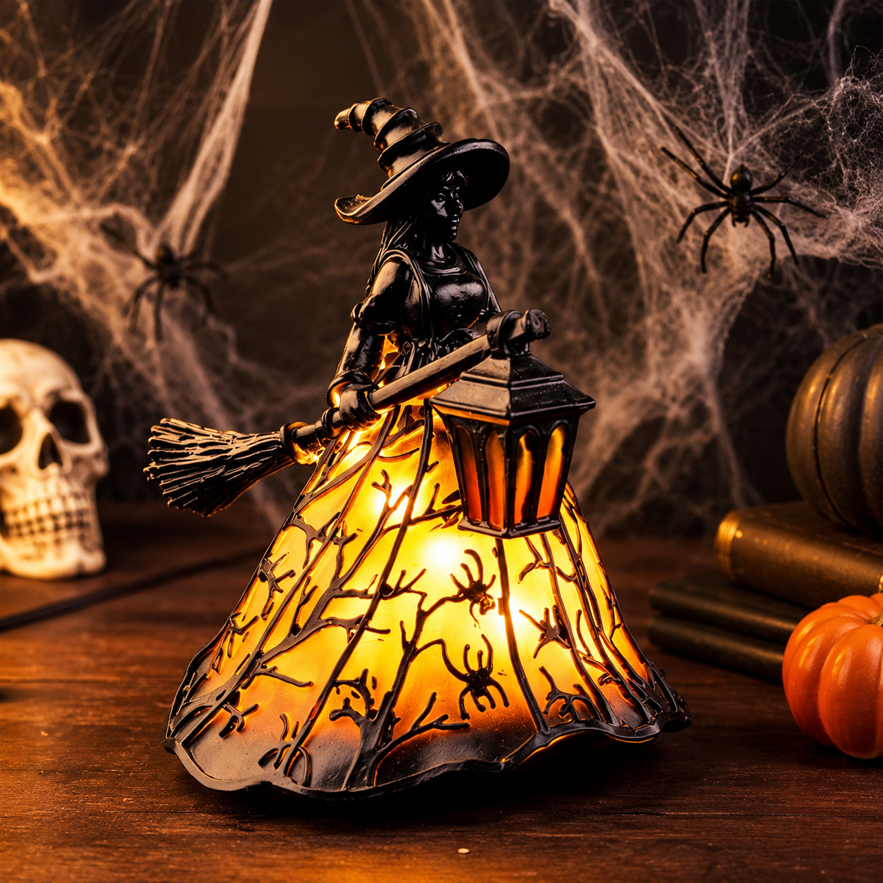Enchanted Witch Broom Lantern Figurine Light
