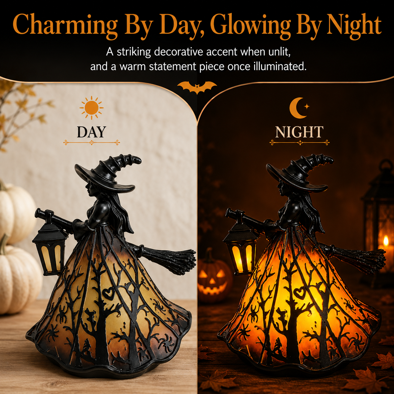 Enchanted Witch Broom Lantern Figurine Light