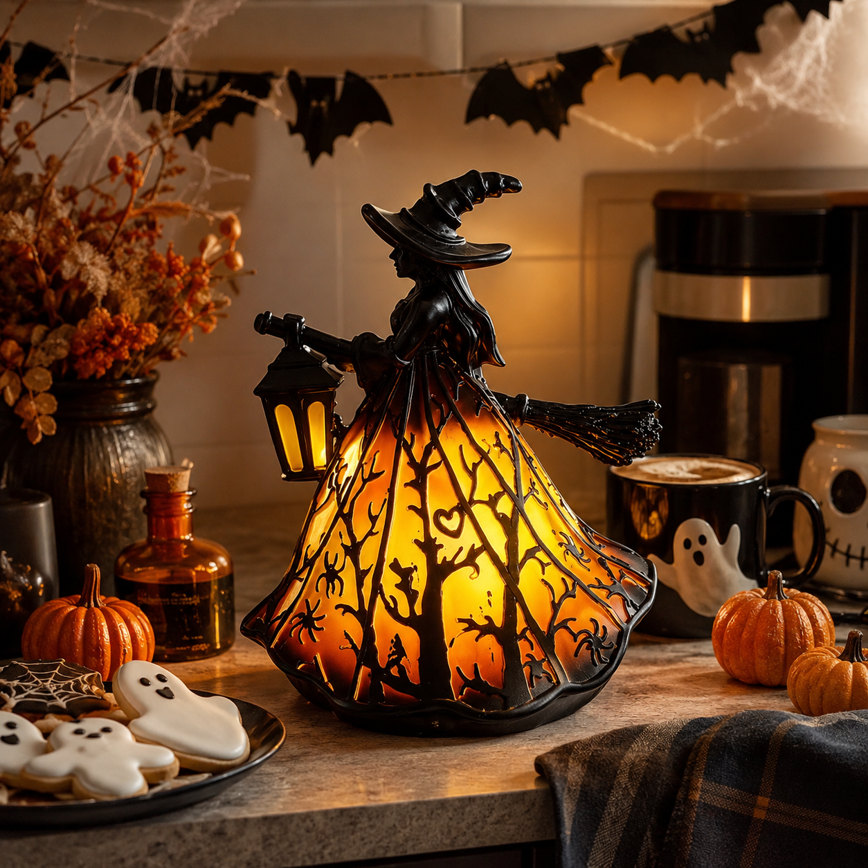 Enchanted Witch Broom Lantern Figurine Light