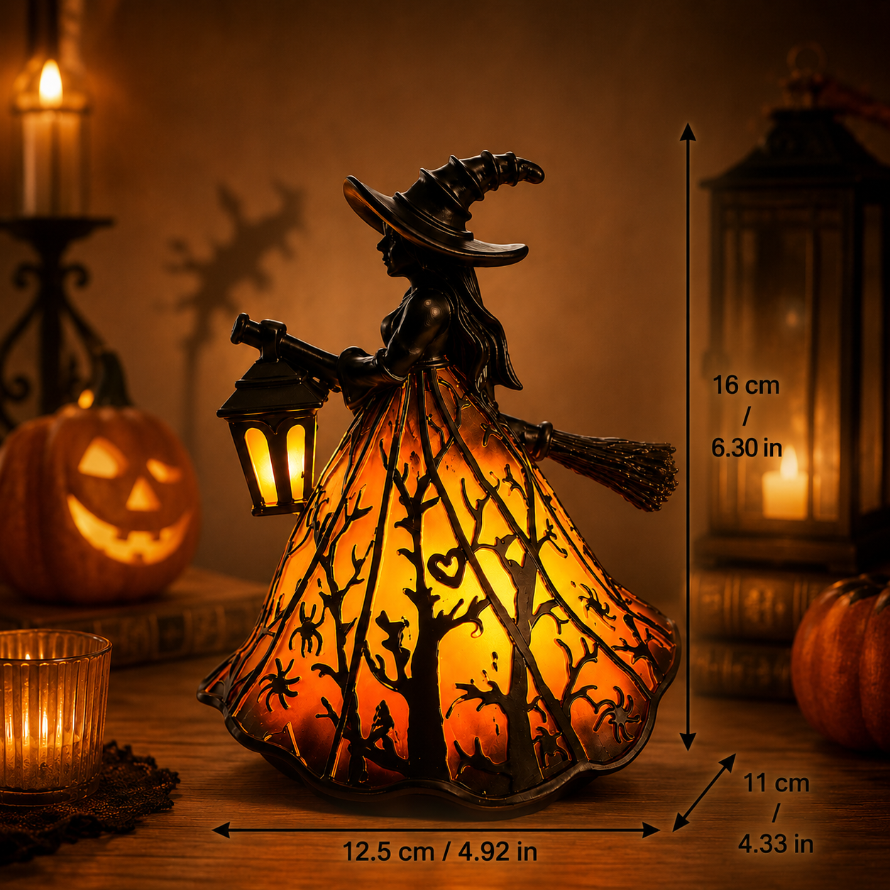 Enchanted Witch Broom Lantern Figurine Light