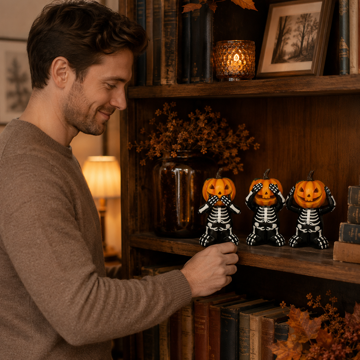 Pumpkin Mischief Skeleton Figurine
