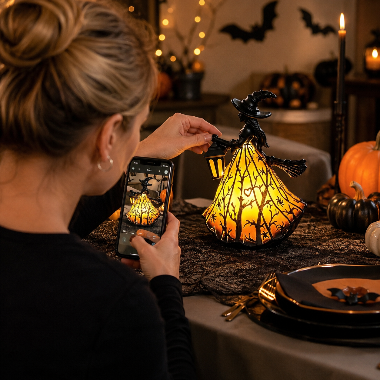 Enchanted Witch Broom Lantern Figurine Light