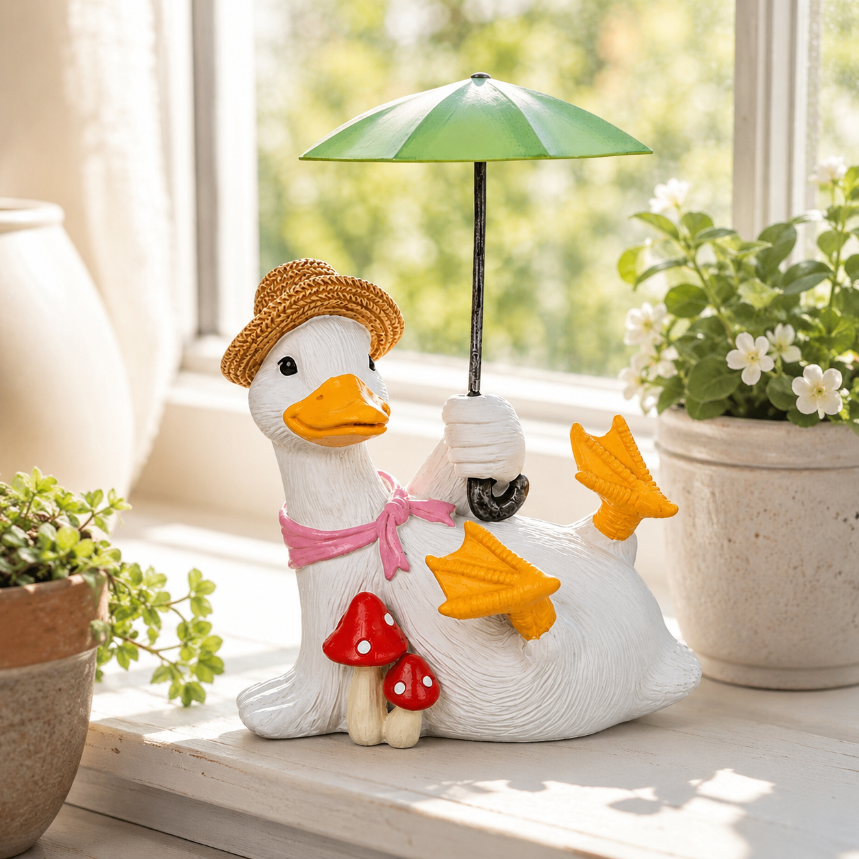 Whimsical Duck with Umbrella Garden Statue