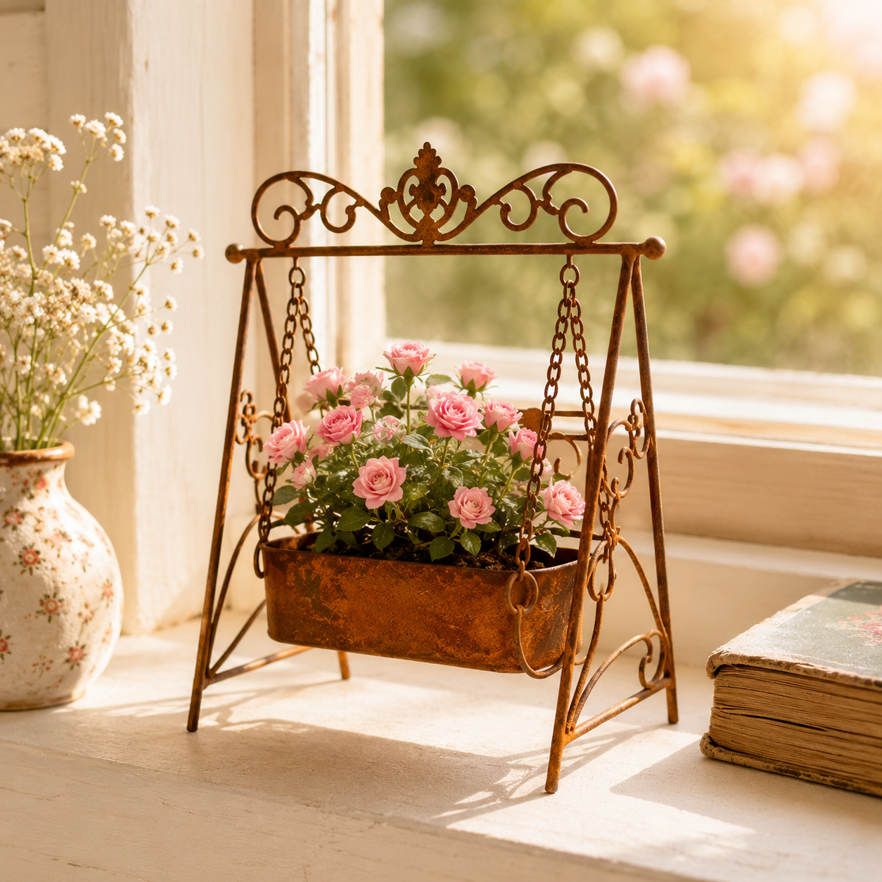 Rustic Metal Swing Chair Planter