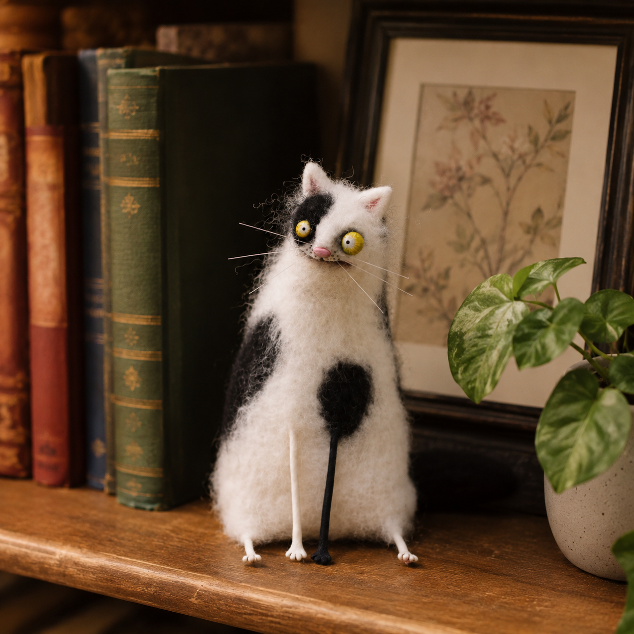Big-Eyed Panicked Weirdo Handmade Wool Felt Cat Figurine