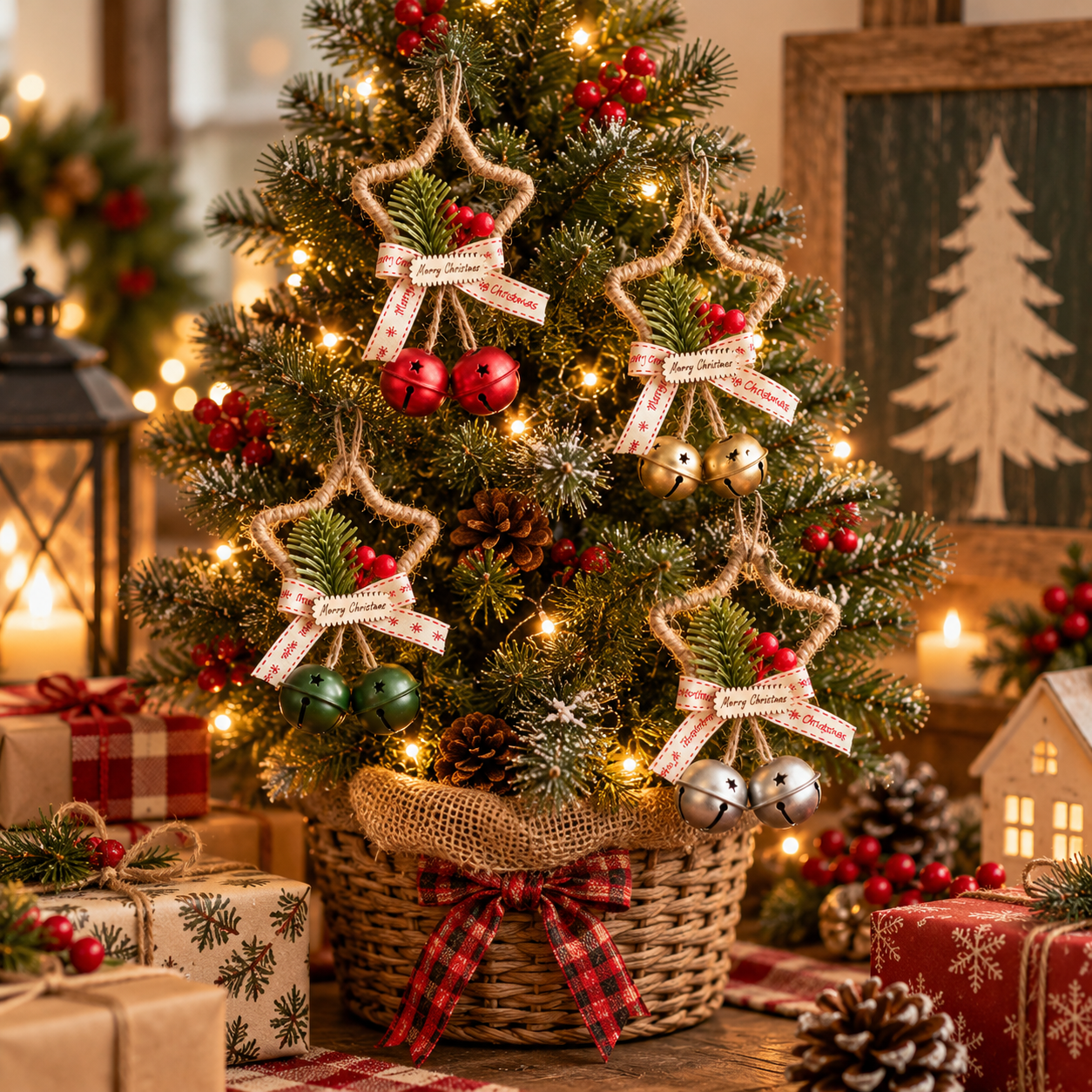 4-Piece Rustic Christmas Star Bell Hanging Ornaments