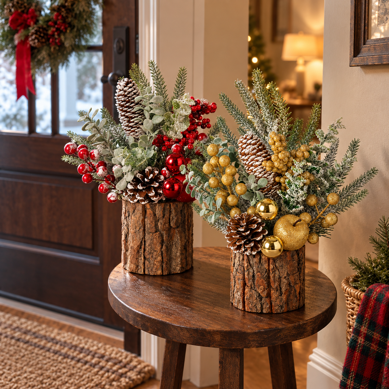 Rustic Christmas Tabletop Arrangement with Red Berries